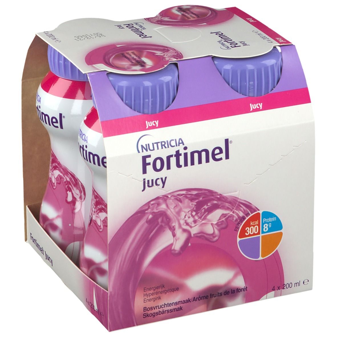 Emballage de quatre bouteilles. Inscription : Fortimel Jucy. Bouchons violets, liquide rose. Informations nutritionnelles.