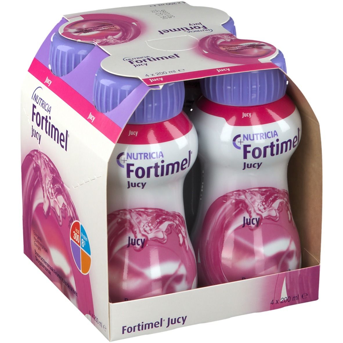 Emballage de quatre bouteilles. Inscription : Fortimel Jucy. Bouchons violets, liquide rose. Nom du produit et logo.