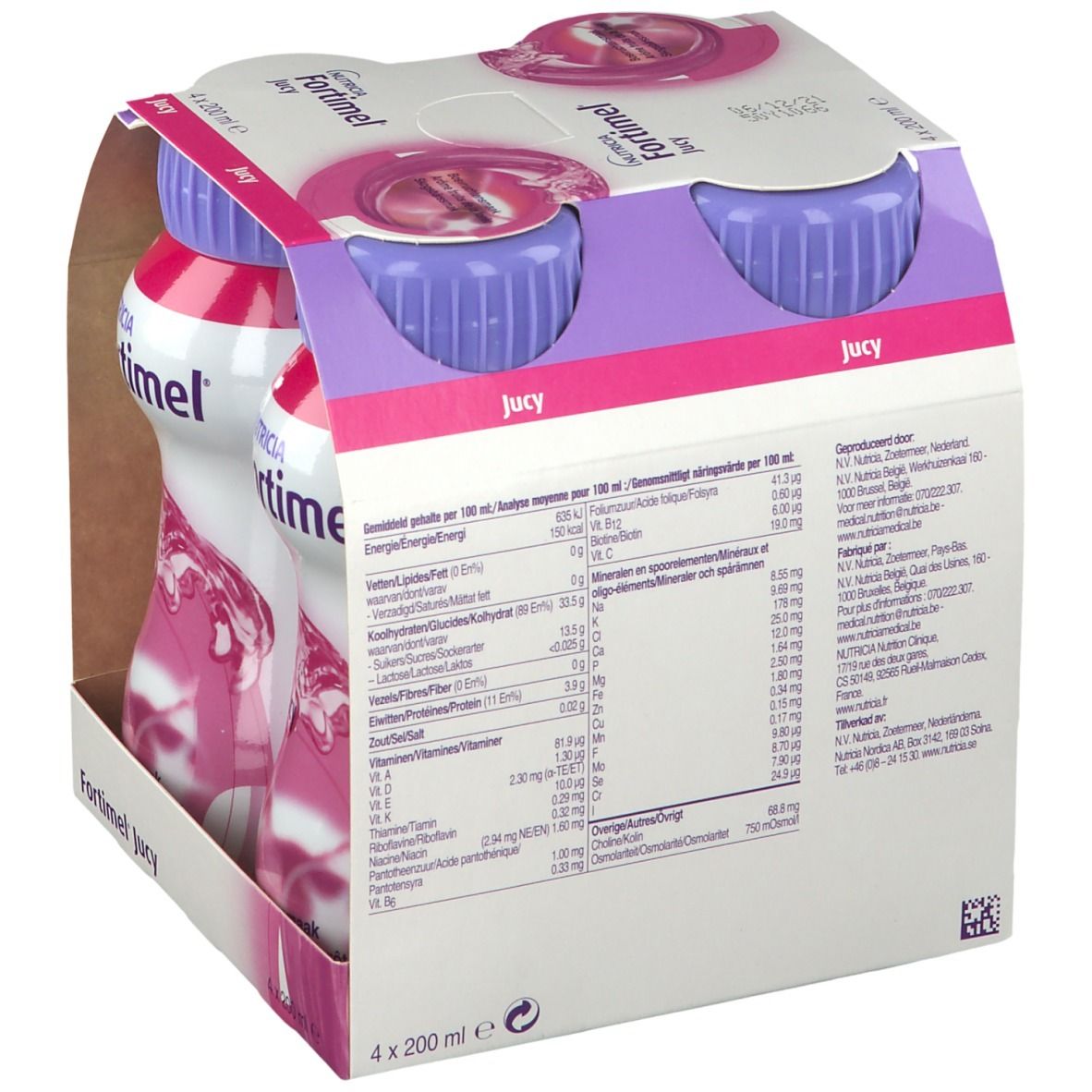 Dos de l'emballage avec informations nutritionnelles. Inscription : Fortimel Jucy. Texte multilingue.