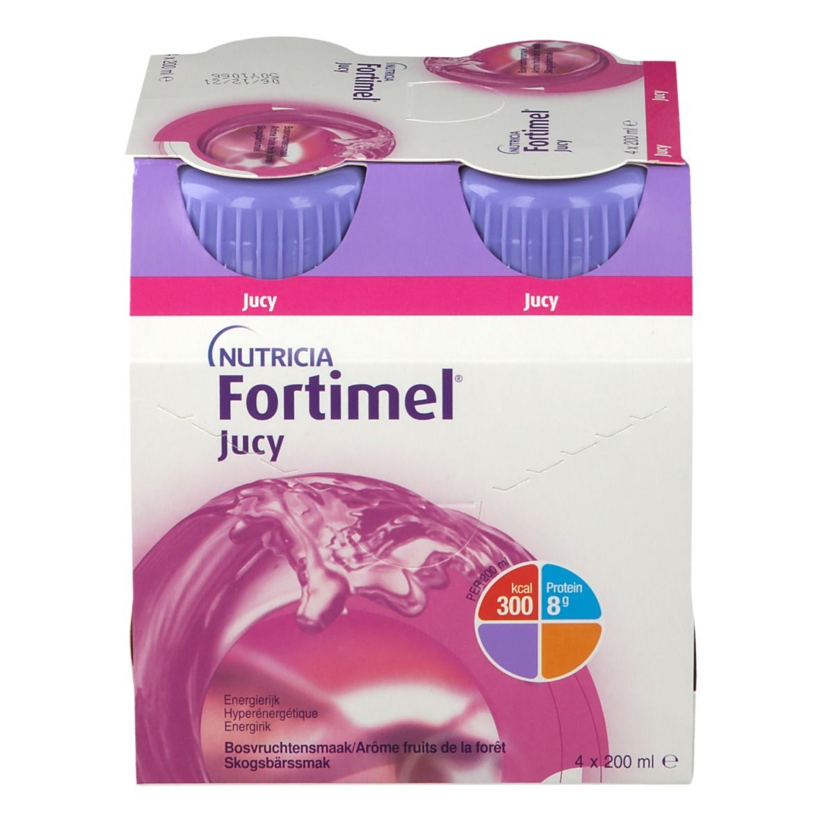 Emballage de quatre bouteilles. Inscription : Fortimel Jucy. Bouchons violets, liquide rose. Informations nutritionnelles.