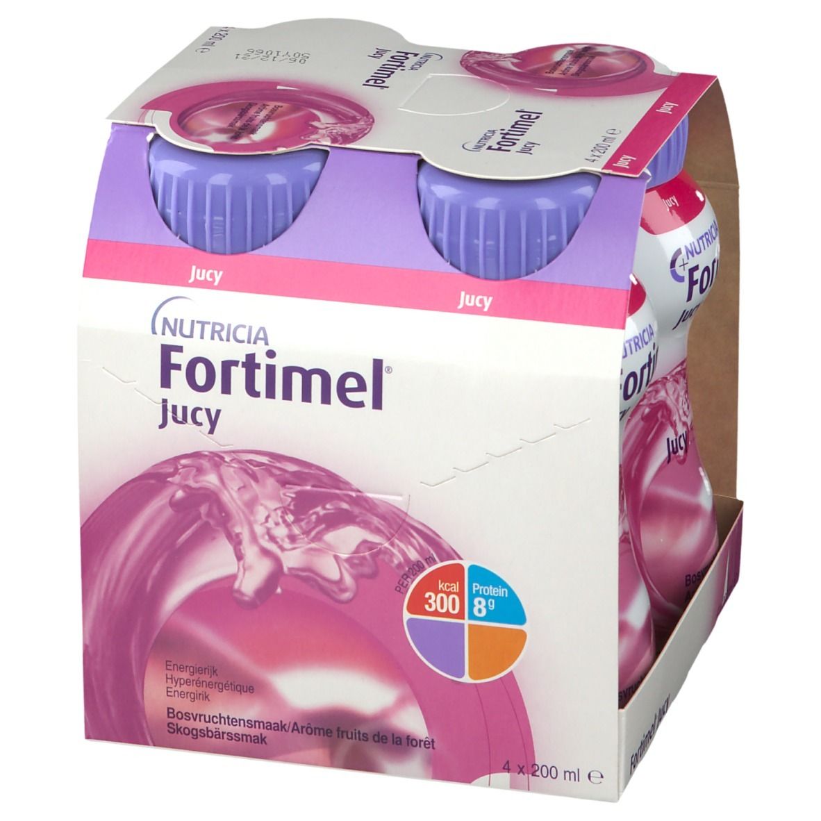 Emballage de quatre bouteilles. Inscription : Fortimel Jucy. Bouchons violets, liquide rose. Informations nutritionnelles.