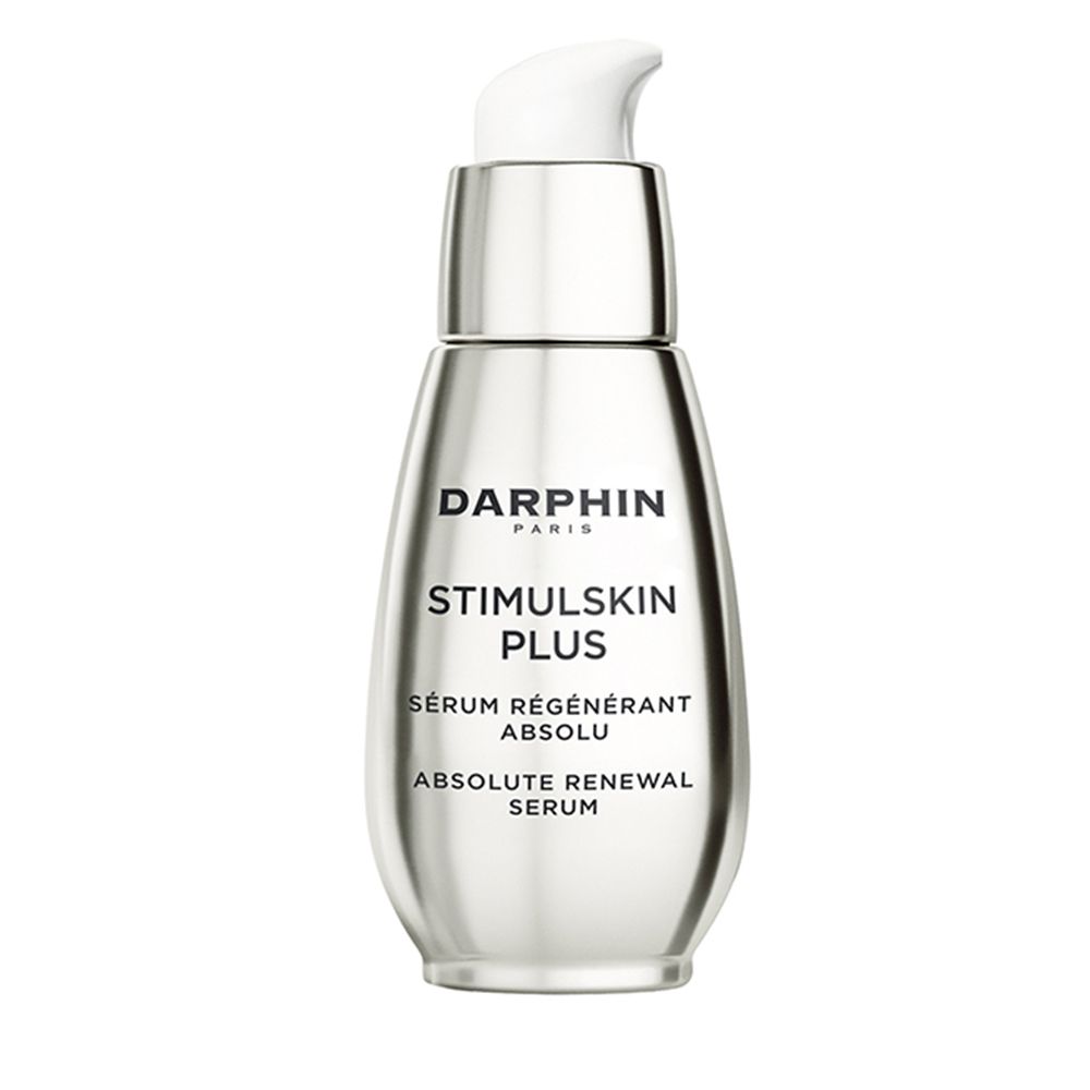 Zilveren fles met witte pomp. Darphin Stimulskin Plus Serum. Tekst: Absolute Renewal Serum.
