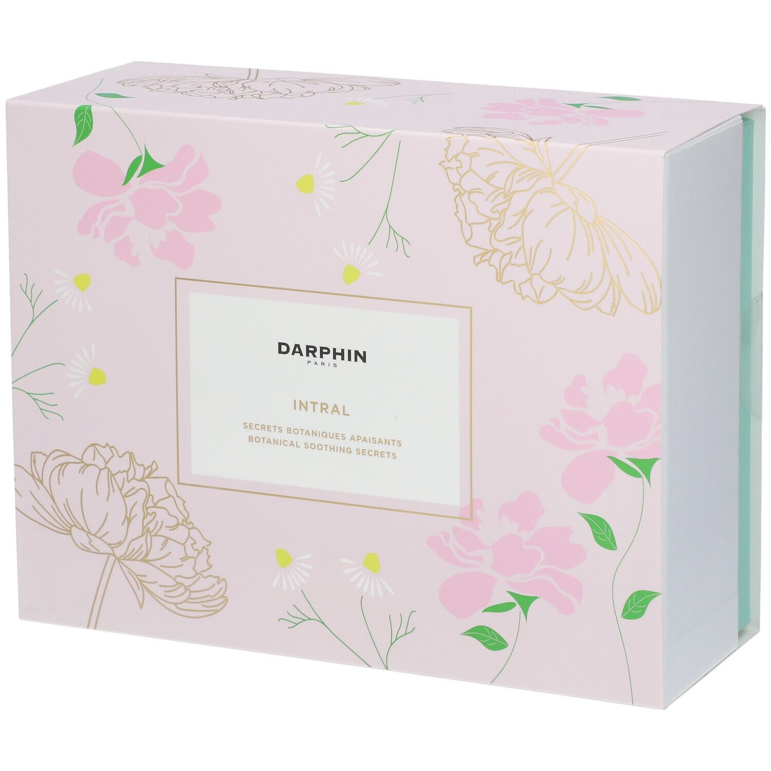 Geschenkverpakking met roze bloemenpatroon. Opschrift: DARPHIN INTRAL. Rechthoekige verpakking met deksel.