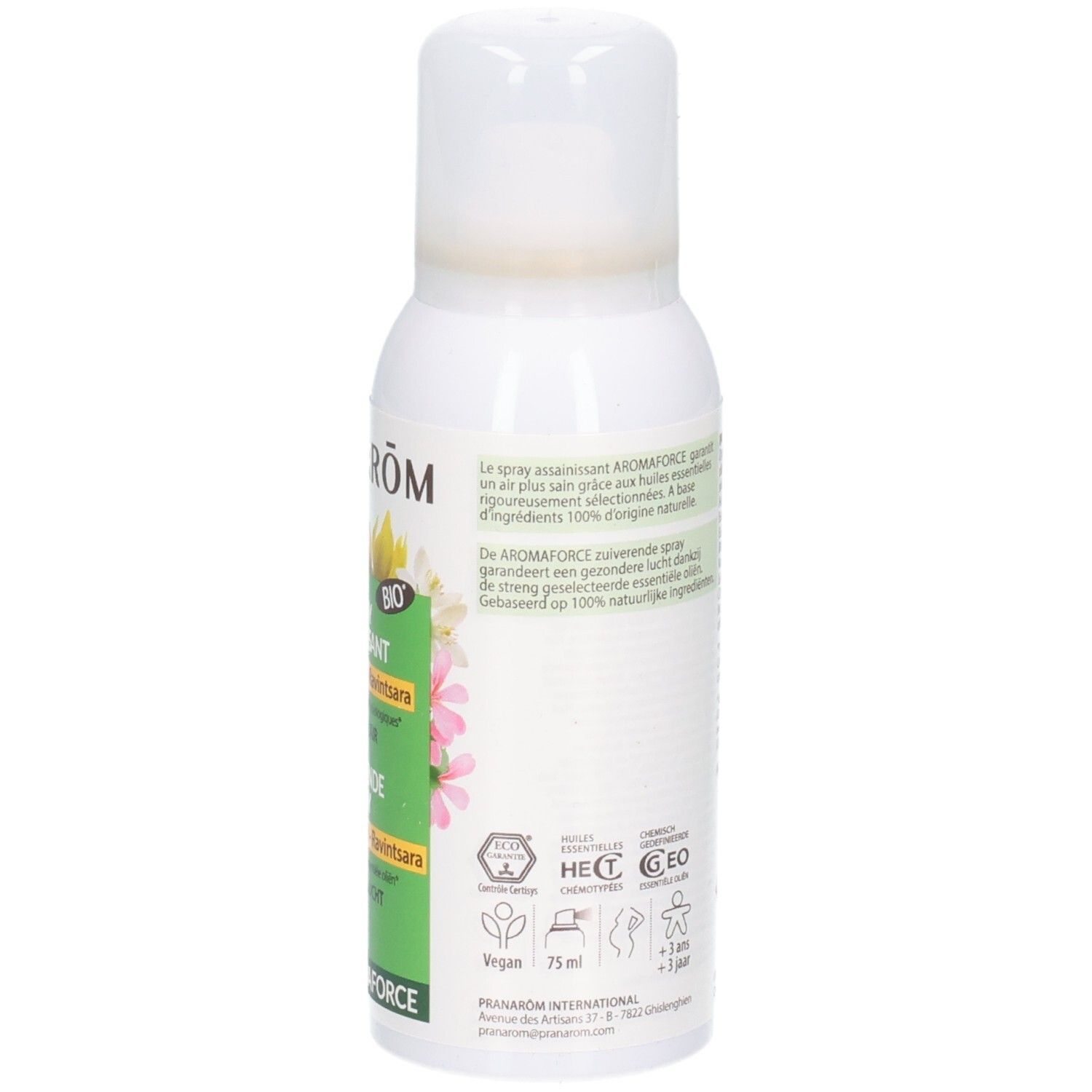 Dos du flacon spray blanc. Texte: Informations, certifications, avertissements. Label Vegan. 75 ml.