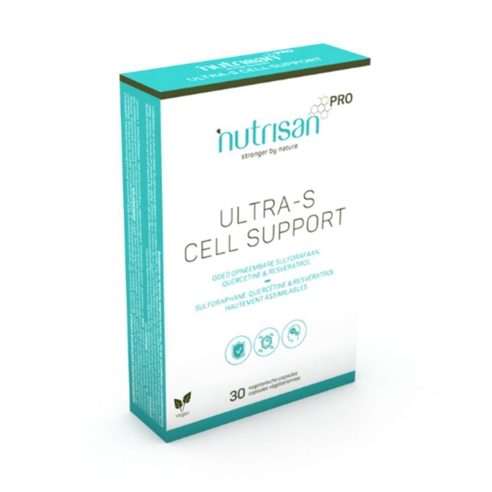 Vue en biais de l'emballage "Nutrisan Pro Ultra-S Cell Support". Emballage turquoise et blanc. 30 gélules.