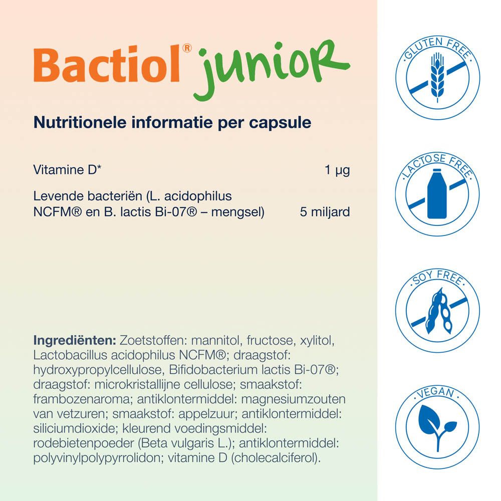 Potje Bactiol Junior kauwtabletten. Productnaam, logo en afbeelding. 60 tabletten.