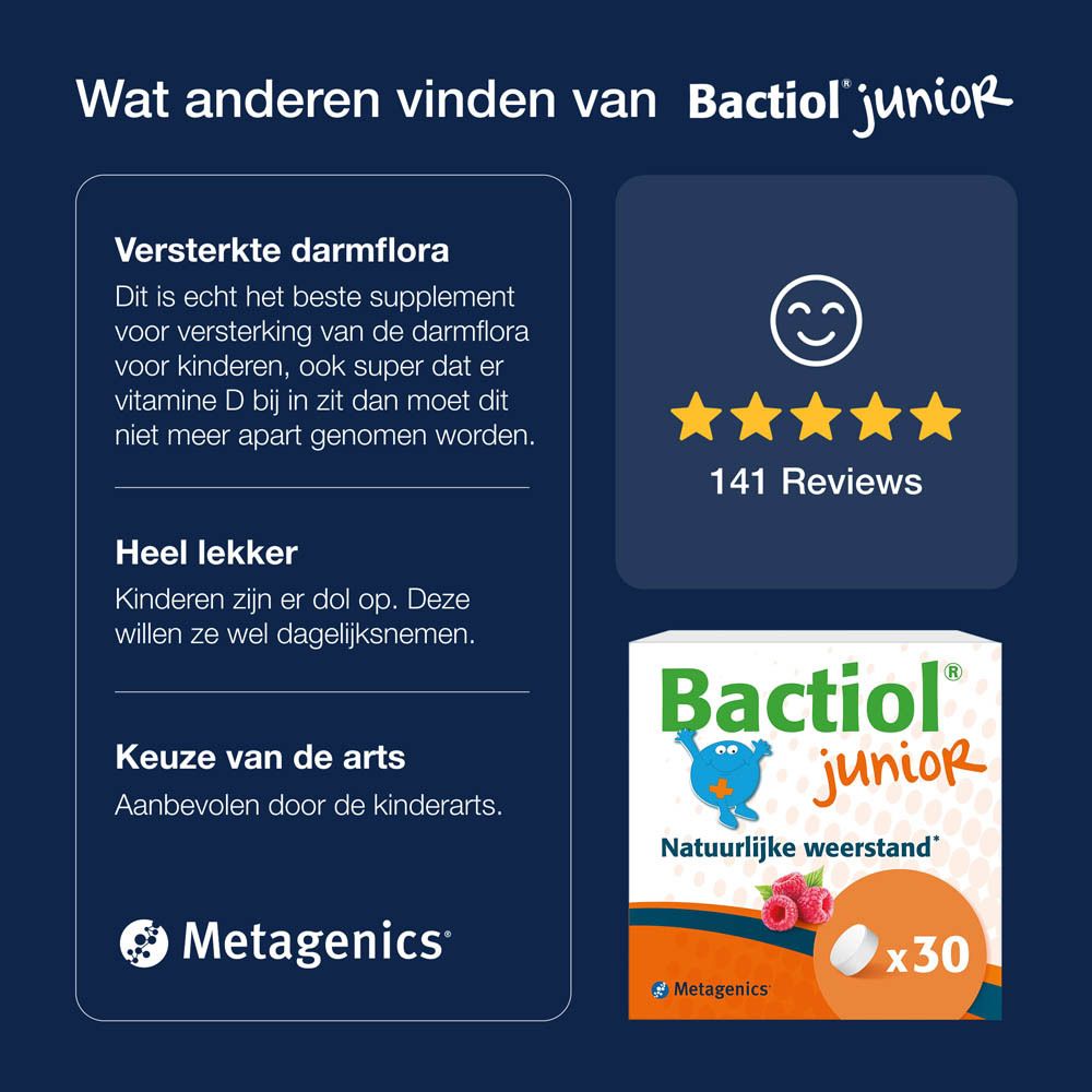 Potje Bactiol Junior kauwtabletten. Productnaam, logo en afbeelding. 60 tabletten.