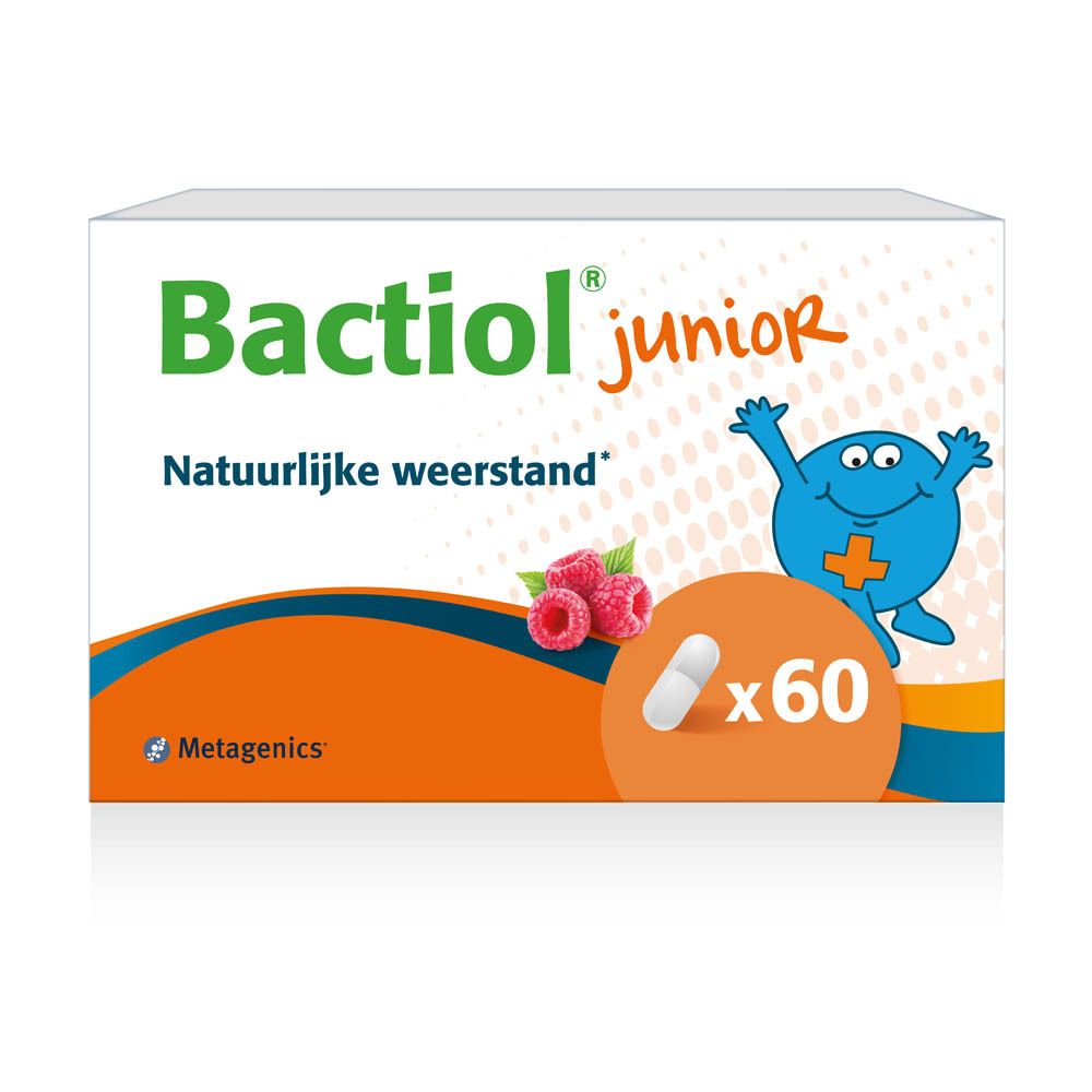 Verpakking van Bactiol junior. Opschrift: Bactiol junior, 60 capsules, 12g, Defenses naturelles, Natuurlijke weerstand.