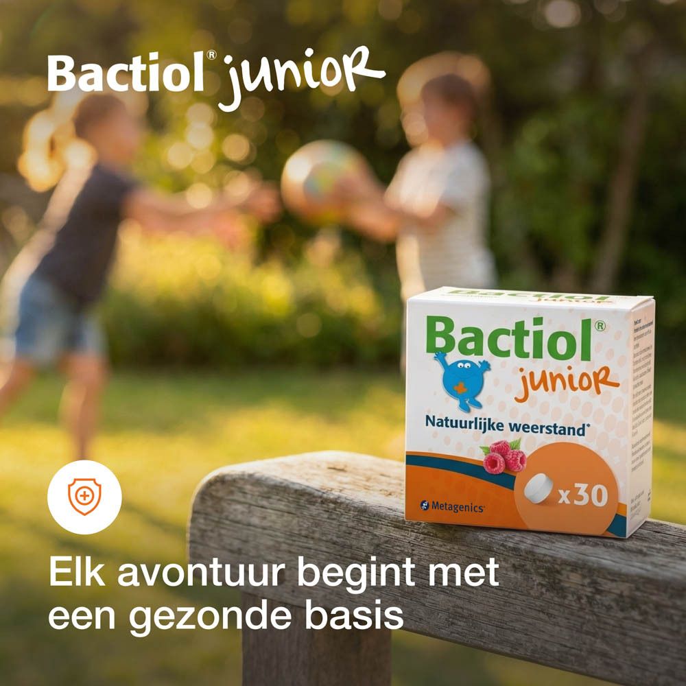 Verpakking van Bactiol junior. Opschrift: Bactiol junior, 60 capsules, 12g, Defenses naturelles, Natuurlijke weerstand.