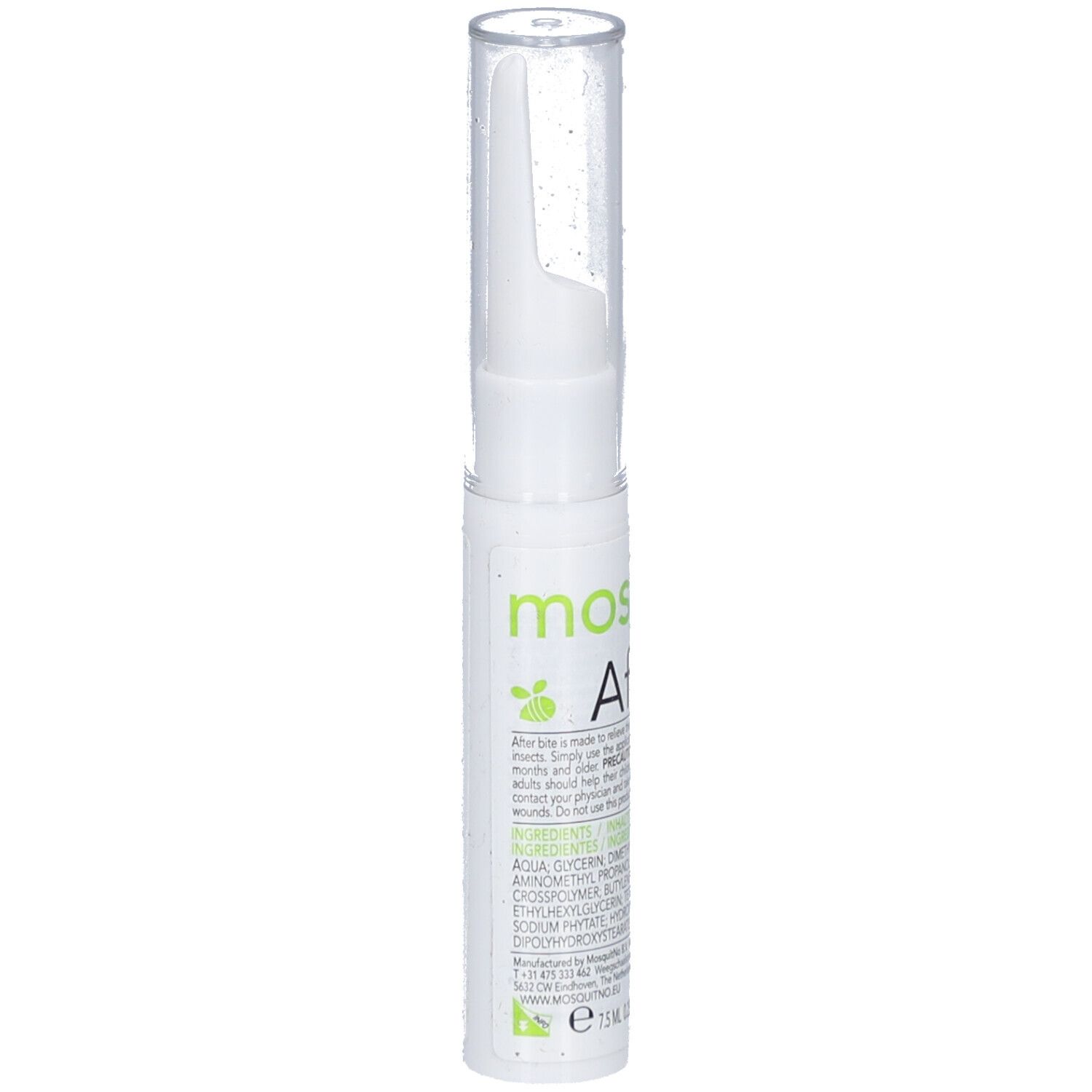 Stylo blanc avec capuchon transparent. Inscription: Mosquitno After Bite. Contient des ingrédients. E10ml.