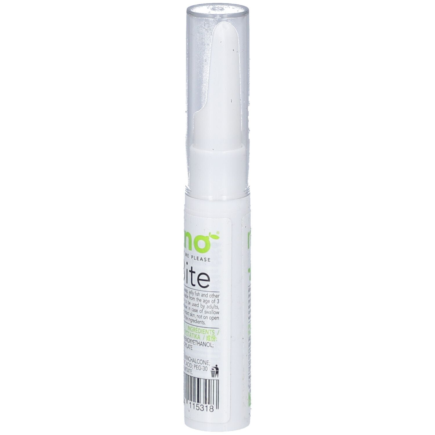 Stylo blanc avec capuchon transparent. Inscription: Mosquitno After Bite. Contient des ingrédients. E10ml.