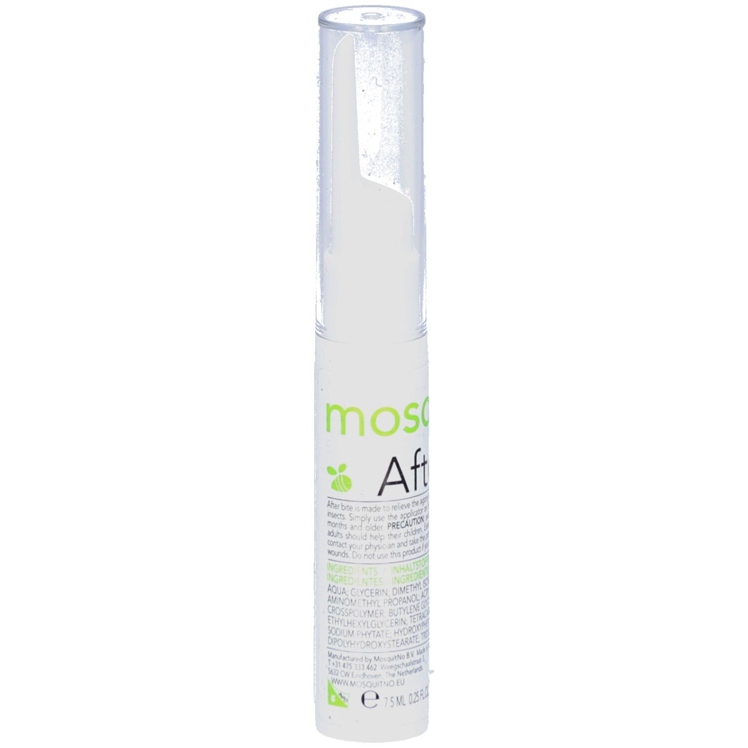 Stylo blanc avec capuchon transparent. Inscription: Mosquitno After Bite. Contient des ingrédients. E10ml.