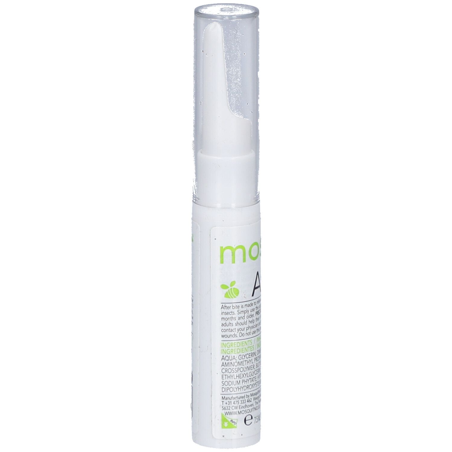Stylo blanc avec capuchon transparent. Inscription: Mosquitno After Bite. Contient des ingrédients. E10ml.