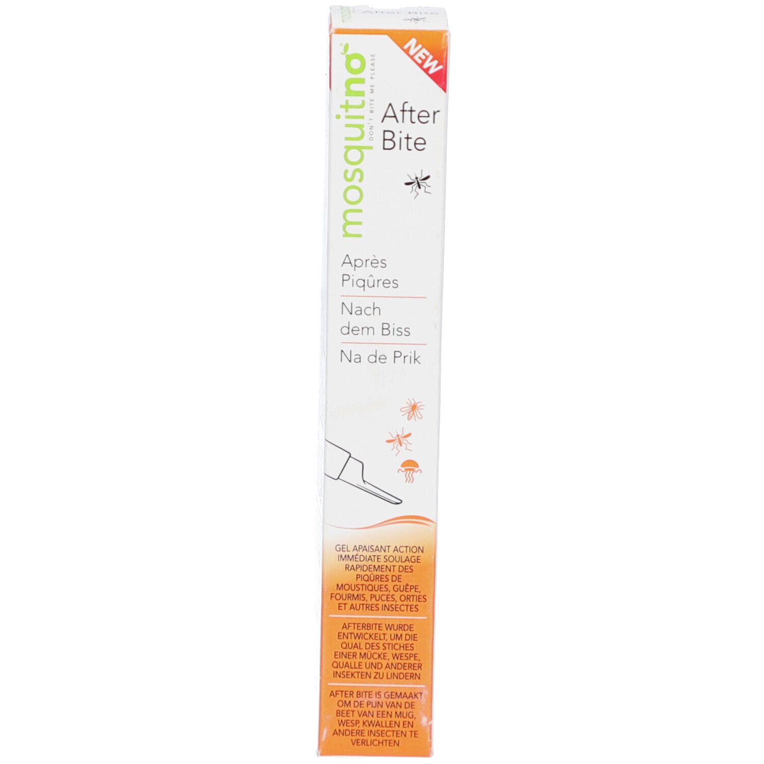 Emballage du produit. Inscription: Mosquitno After Bite. Contient des informations multilingues. Nouveau.