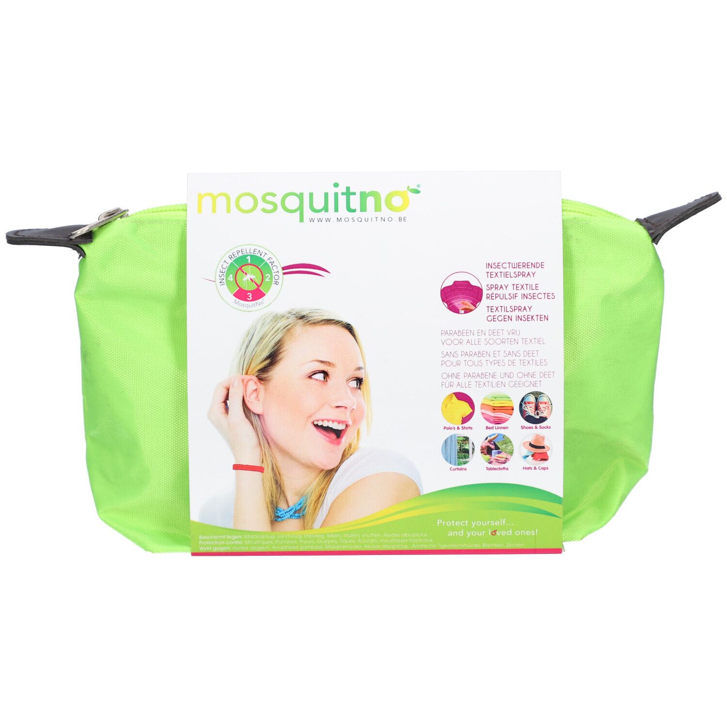 Groene tas met productverpakking. Verpakking met productnaam en vrouw. Tekst: insectenspray voor textiel.