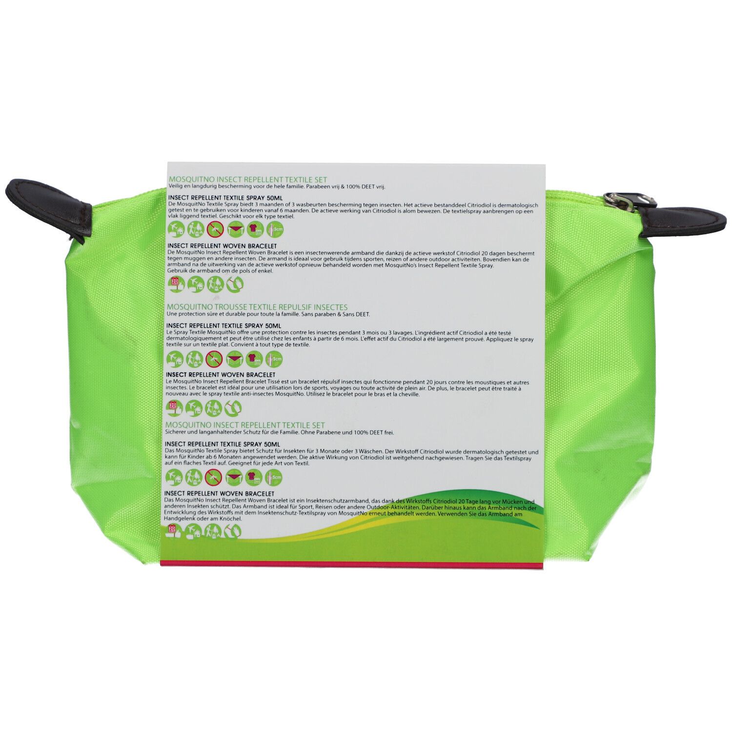 Groene tas met productverpakking. Verpakking met tekst in meerdere talen. Tekst: insectenspray voor textiel.