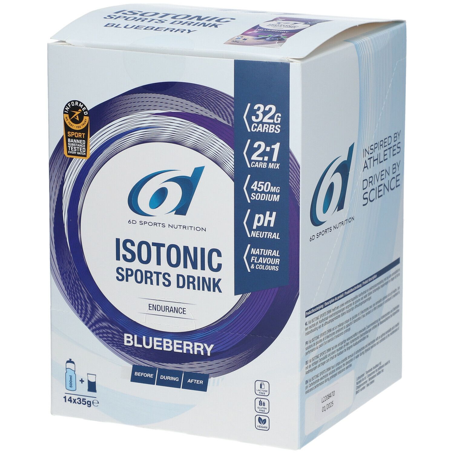 Doos Isotonic Sports Drink, blauwe bes. Logo 6D Sports Nutrition. Bevat 14 zakjes van 35g. Certificering. Voedingswaarde en ingrediënten vermeld.