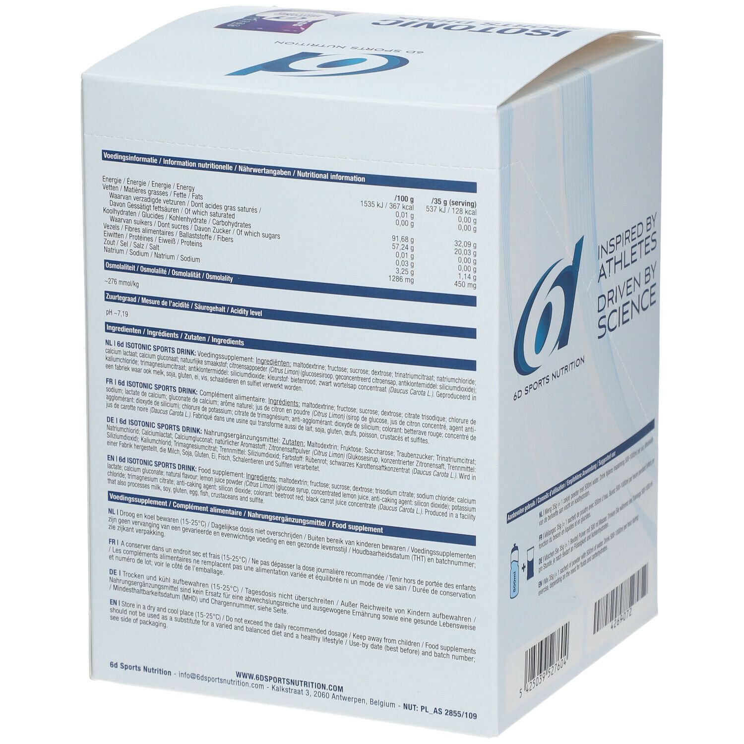 Achterkant productverpakking. Voedingswaarde, ingrediënten en instructies. Logo 6D Sports Nutrition. Streepjescode en batchnummer.