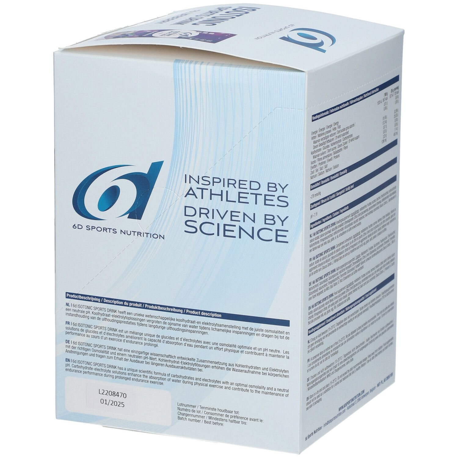 Zijkant productverpakking. Logo 6D Sports Nutrition. Tekst: Inspired by Athletes, Driven by Science. Informatie over gebruik.