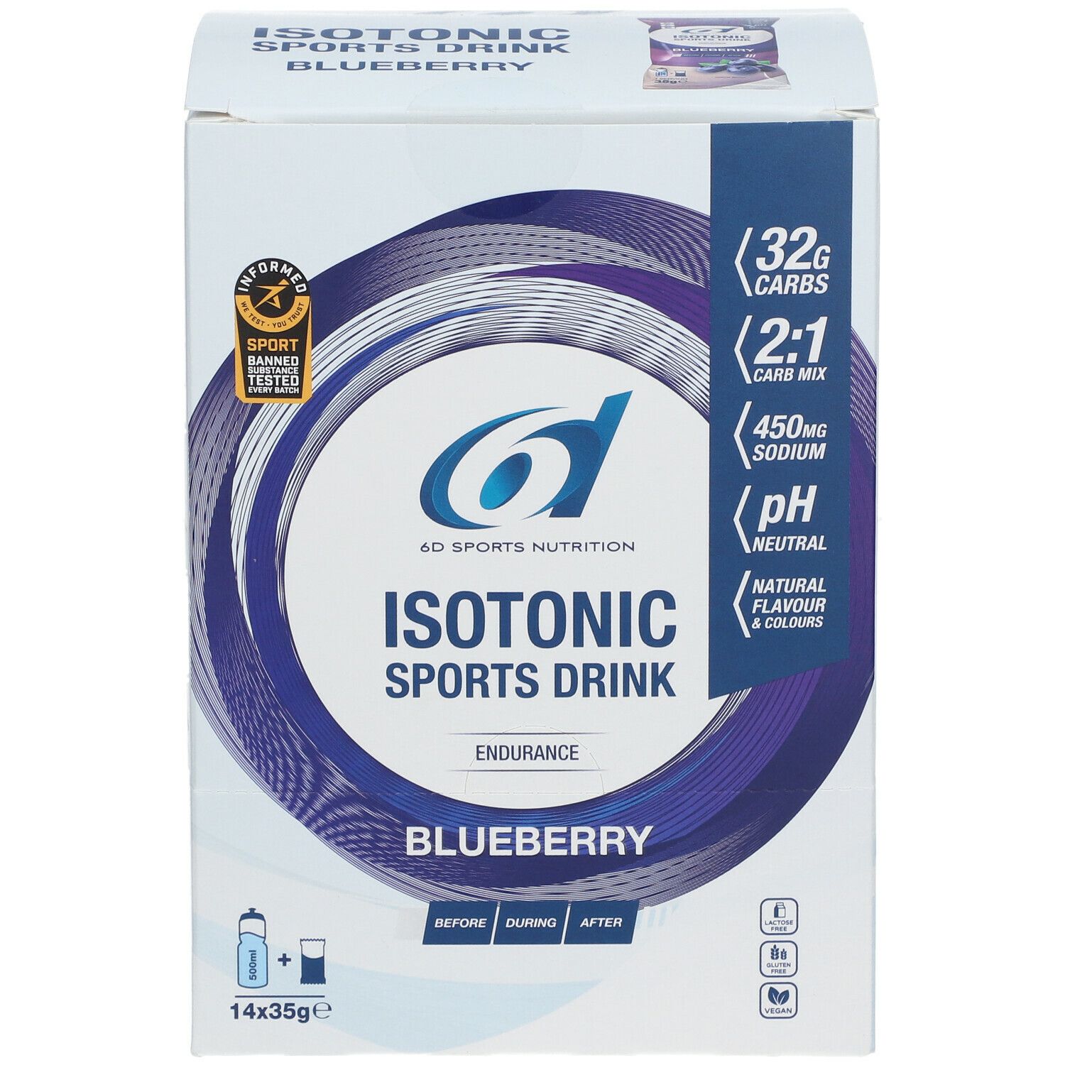 Doos Isotonic Sports Drink, blauwe bes. Logo 6D Sports Nutrition. Bevat 14 zakjes van 35g. Certificering. Voedingswaarde en ingrediënten vermeld.