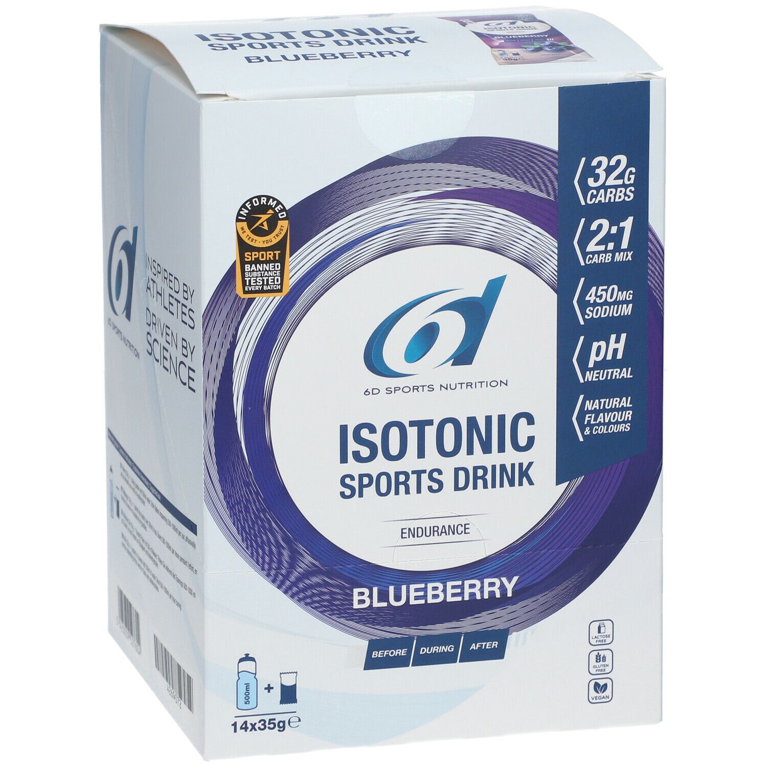 Doos Isotonic Sports Drink, blauwe bes. Logo 6D Sports Nutrition. Bevat 14 zakjes van 35g. Certificering. Voedingswaarde en ingrediënten vermeld.