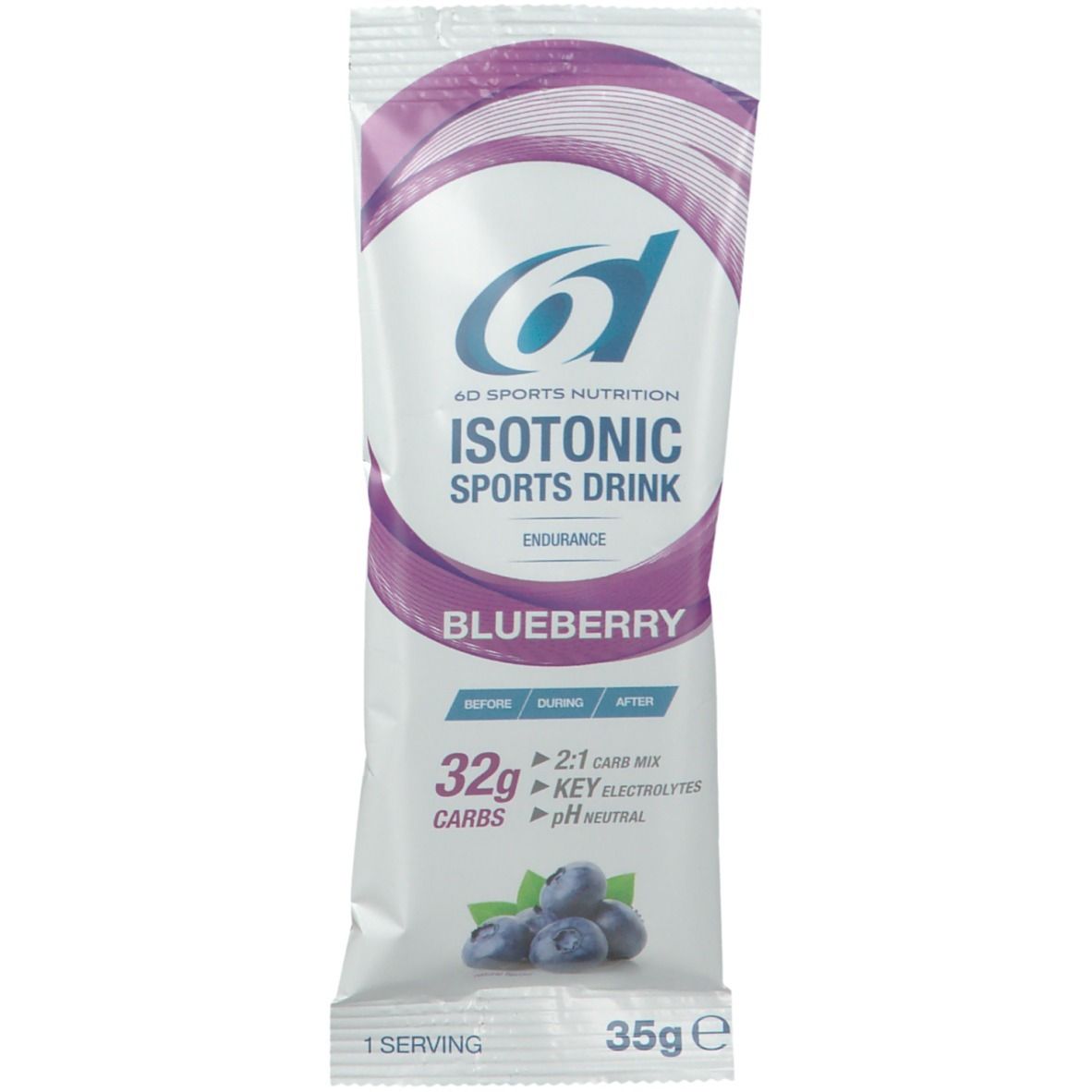 Zakje 6D Sports Nutrition Isotonic Sports Drink bosbes. Bevat 32g koolhydraten, 2:1 carb mix, elektrolyten, pH neutraal.