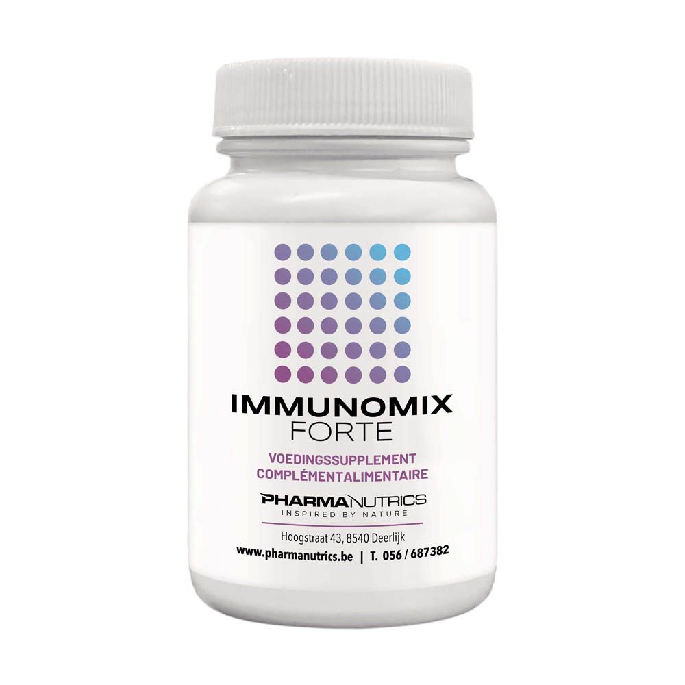 Witte fles met schroefdop. Opschrift IMMUNOMIX FORTE, VOEDINGSSUPPLEMENT, COMPLÉMENTALIMENTAIRE en PHARMANUTRICS.