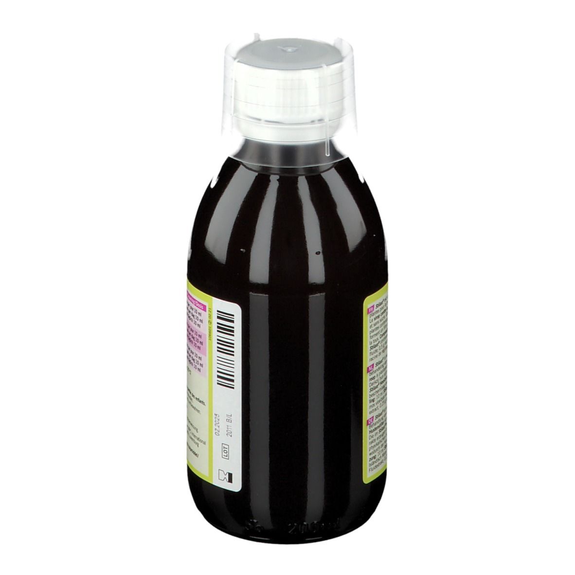 Doos met opschrift: Stilaxx, droge hoest. Bevat IJslands mos, heemstwortel, zoethoutwortel. 200 ml. Zonder alcohol en suiker.