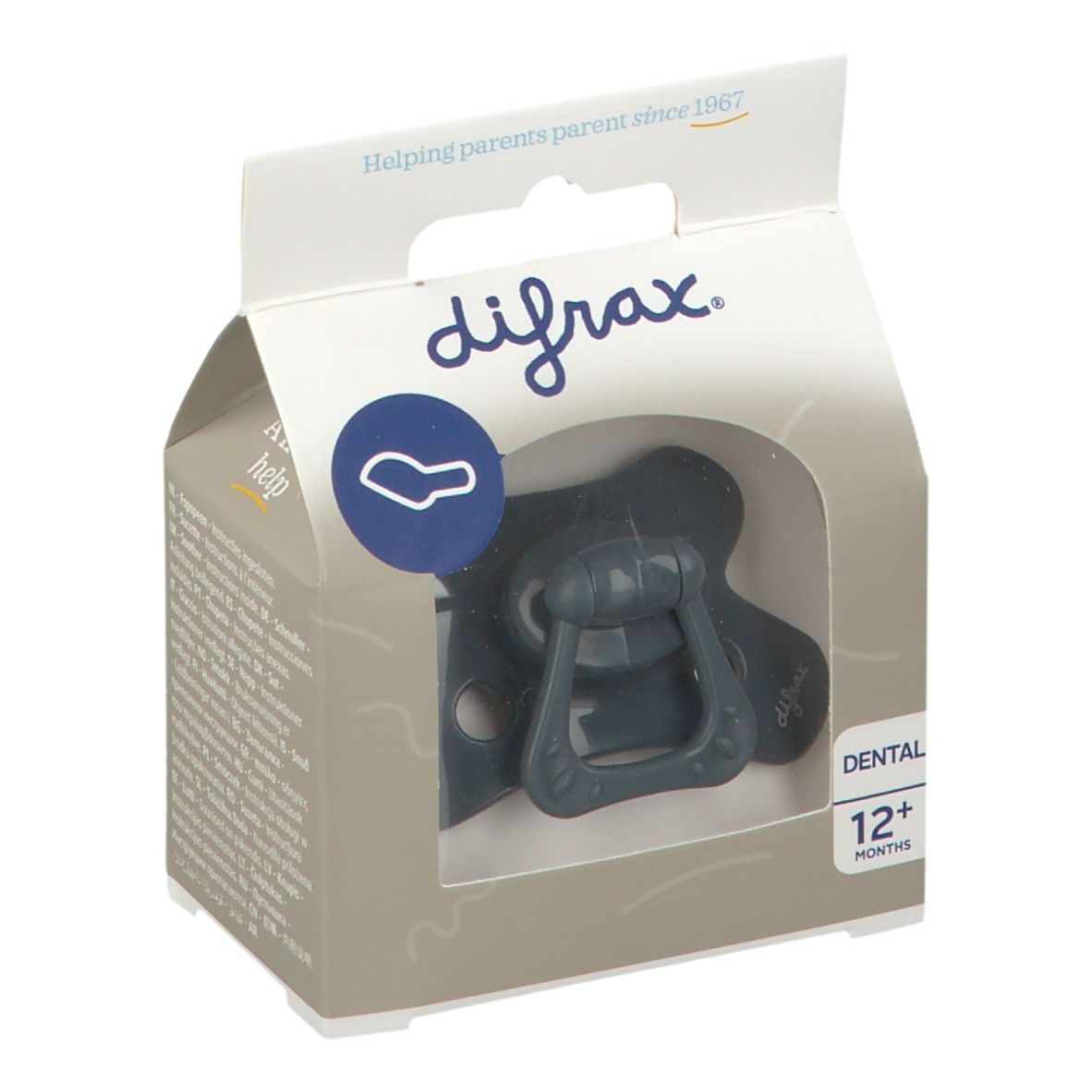 Verpakking met fopspeen. Merk difrax. Transparant venster. Opschrift: Dental, 12+ maanden. Helpt ouders sinds 1967.