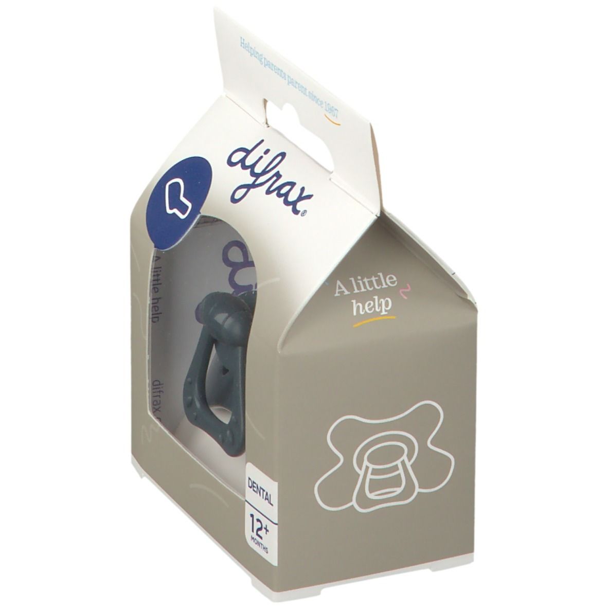 Verpakking met fopspeen. Merk difrax. Transparant venster. Opschrift: Dental, 12+ maanden. Helpt ouders sinds 1967.