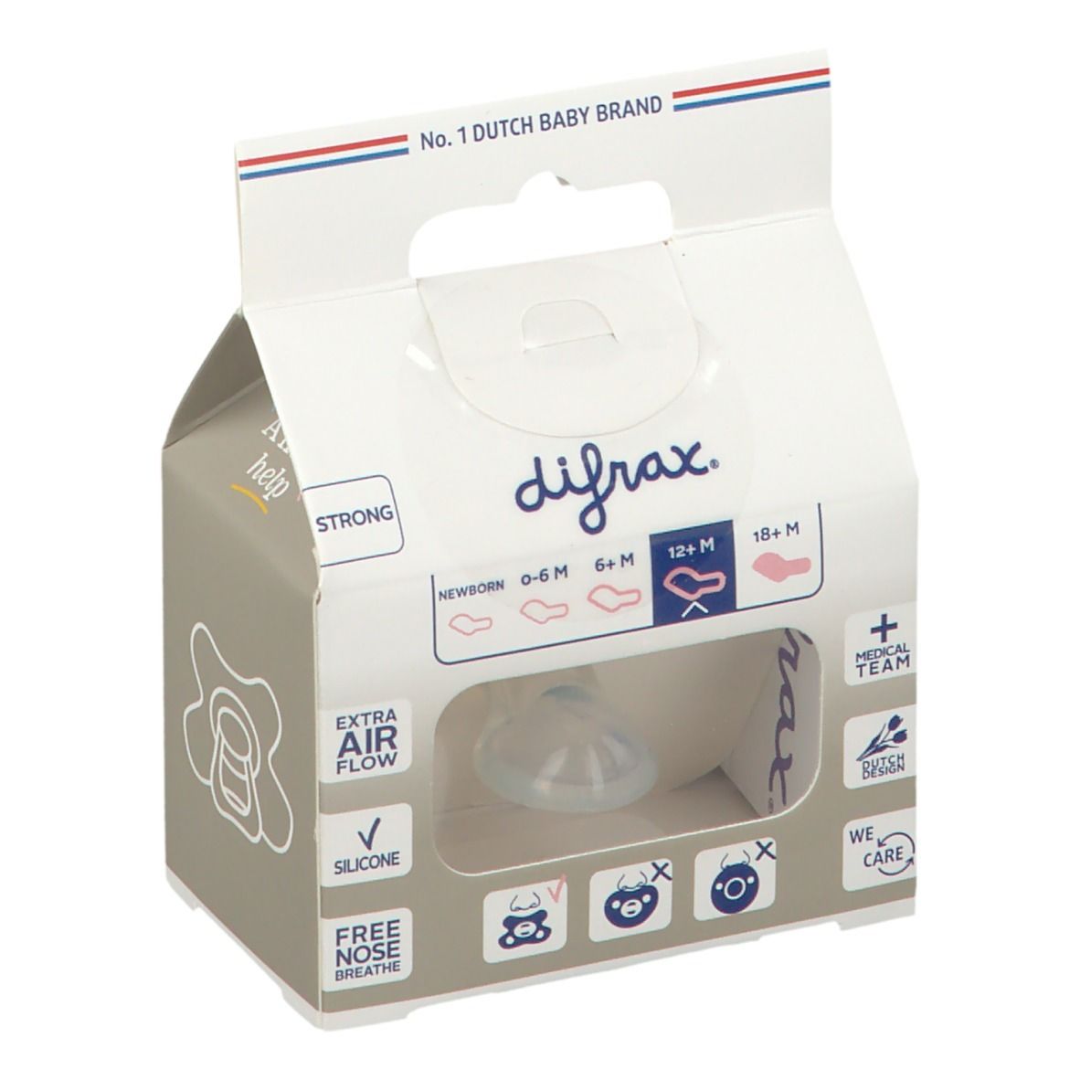 Verpakking met fopspeen. Merk difrax. Transparant venster. Opschrift: Dental, 12+ maanden. Helpt ouders sinds 1967.