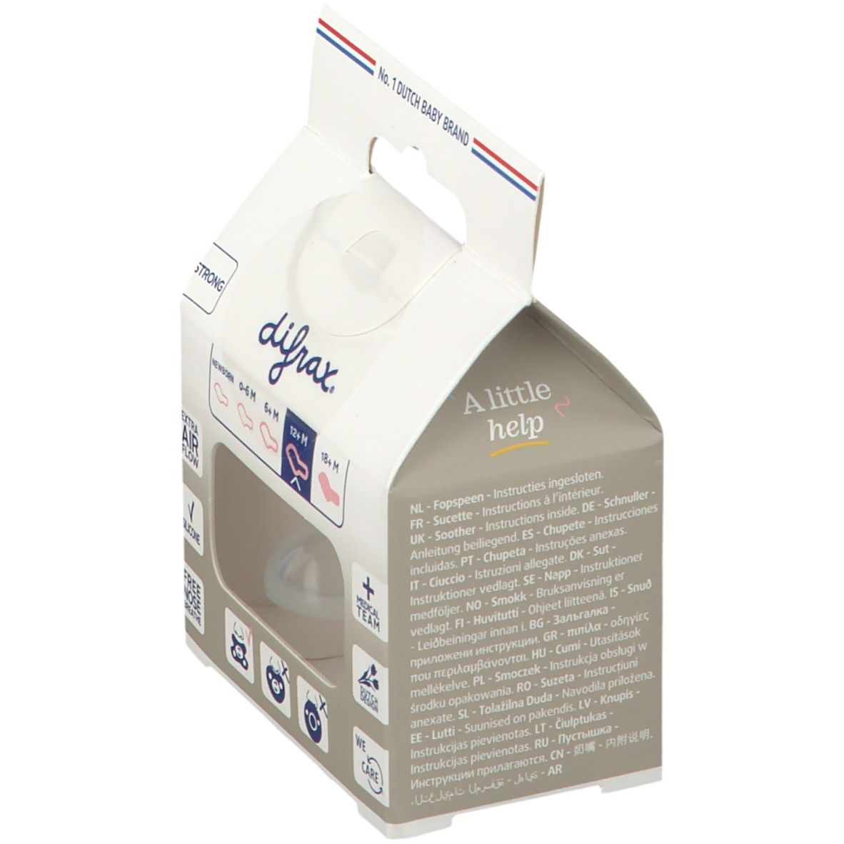 Verpakking met fopspeen. Merk difrax. Transparant venster. Opschrift: Dental, 12+ maanden. Helpt ouders sinds 1967.