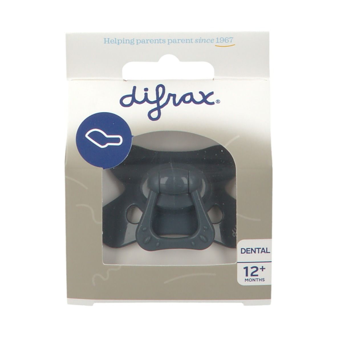 Verpakking met fopspeen. Merk difrax. Transparant venster. Opschrift: Dental, 12+ maanden. Helpt ouders sinds 1967.