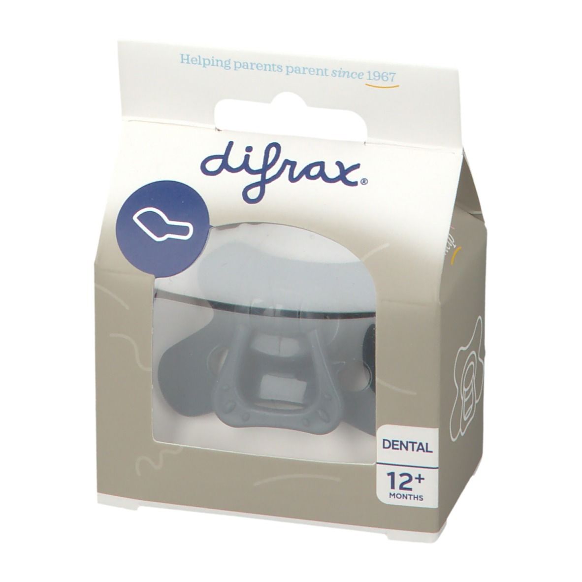 Verpakking met fopspeen. Merk difrax. Transparant venster. Opschrift: Dental, 12+ maanden. Helpt ouders sinds 1967.