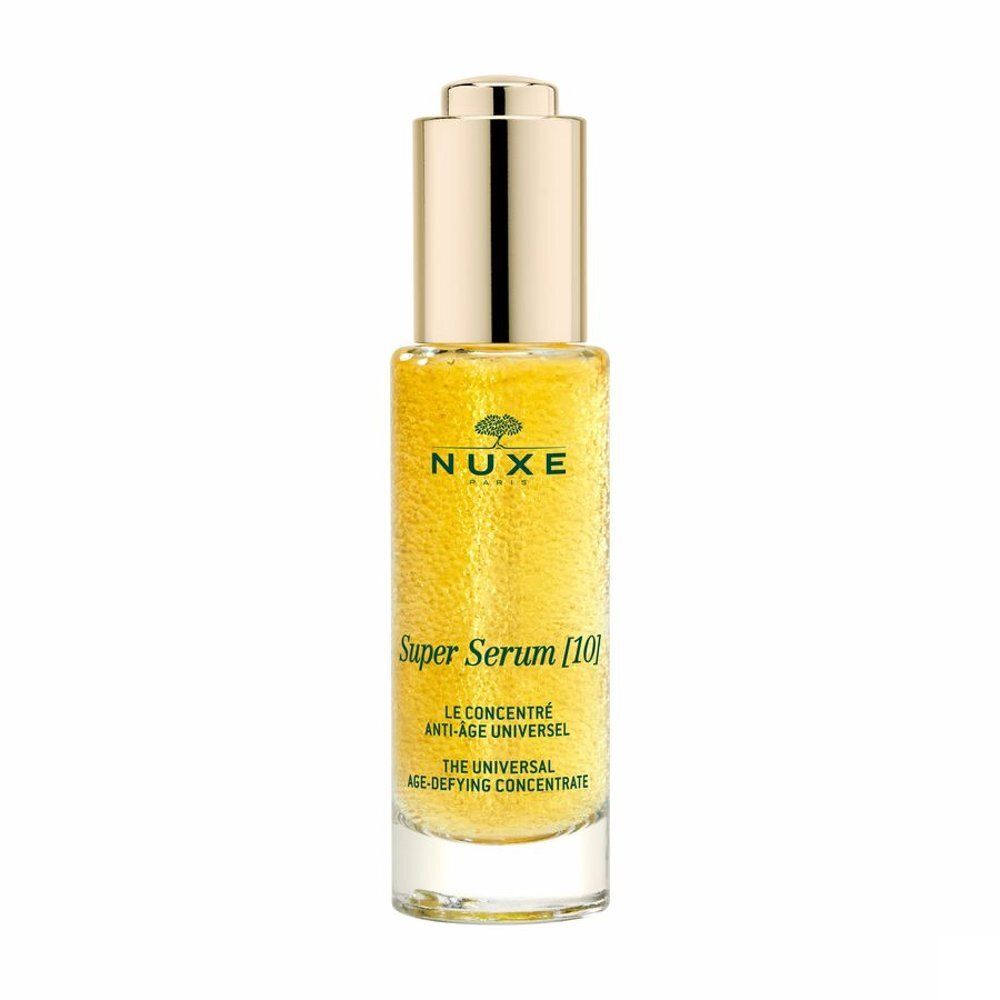 Geel serum in glazen fles met gouden dop. Opschrift: NUXE, Super Serum [10], Le concentré anti-âge universel.
