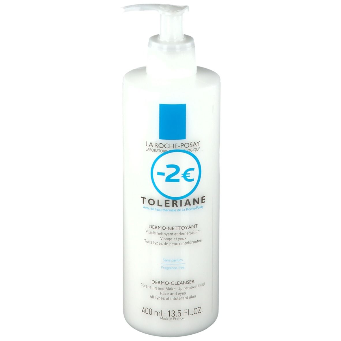 Flacon blanc avec pompe. Carré bleu et texte: LA ROCHE-POSAY, TOLERIANE, Dermo-Nettoyant, Dermo-Cleanser. Contenance: 400 ml.