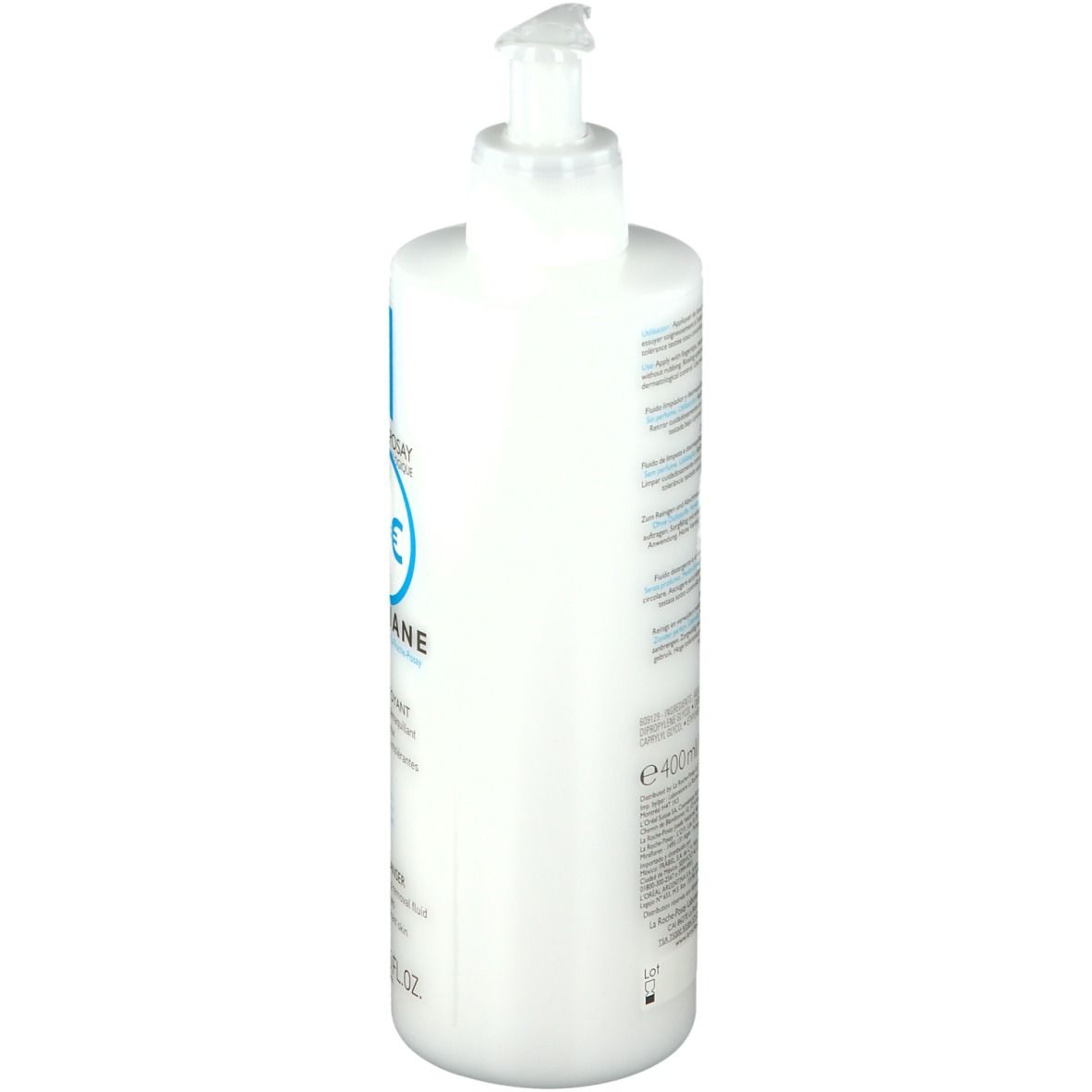 Flacon blanc avec pompe. Texte: LA ROCHE-POSAY, TOLERIANE. Dos avec texte et indication de volume: 400 ml.