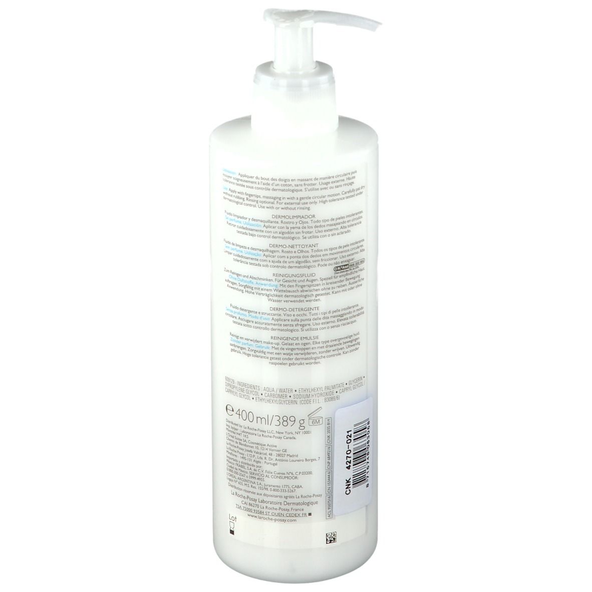 Flacon blanc avec pompe. Dos avec texte, volume: 400 ml et code-barres. Texte: LA ROCHE-POSAY, TOLERIANE.