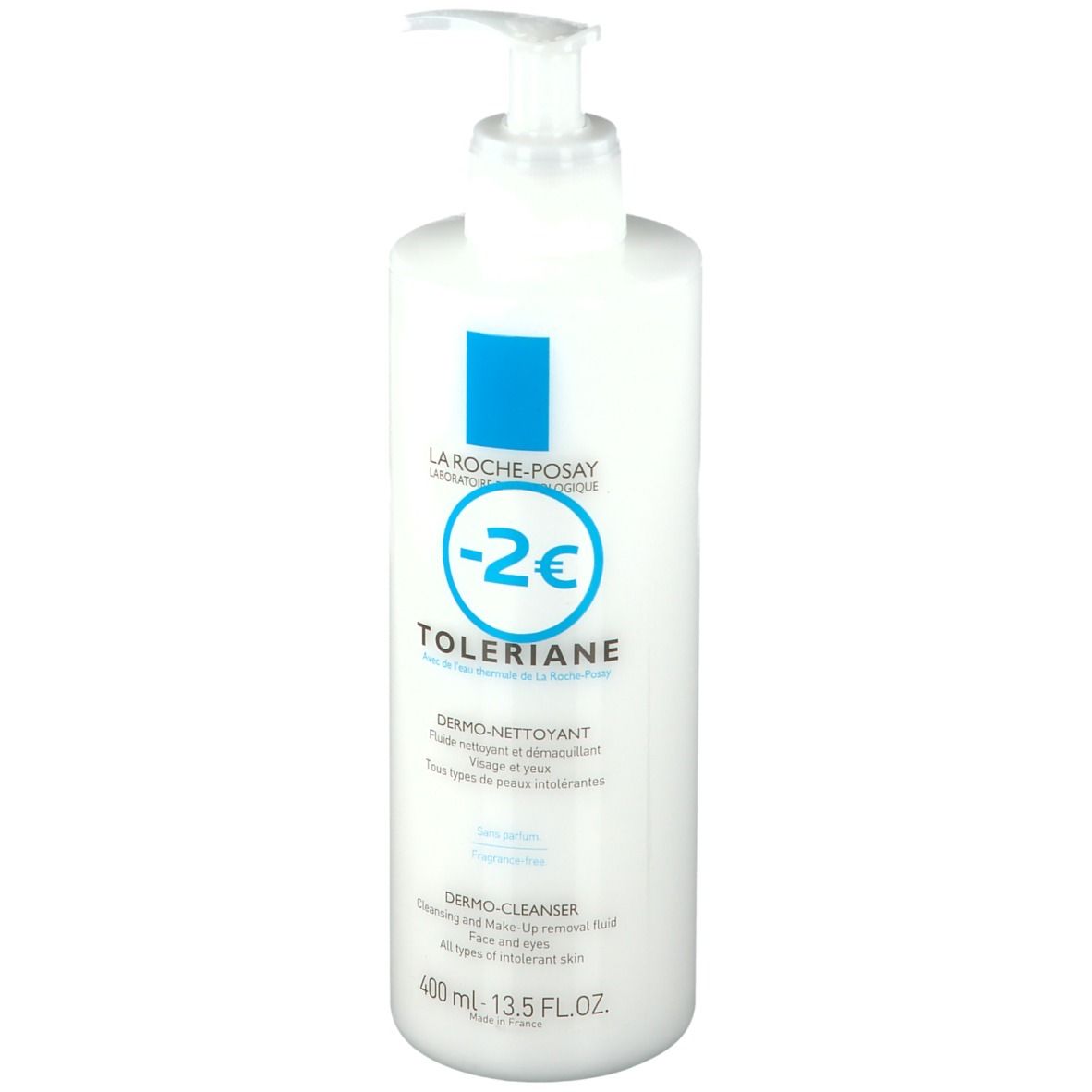 Flacon blanc avec pompe. Texte: LA ROCHE-POSAY, TOLERIANE, Dermo-Nettoyant, Dermo-Cleanser. Volume: 400 ml.