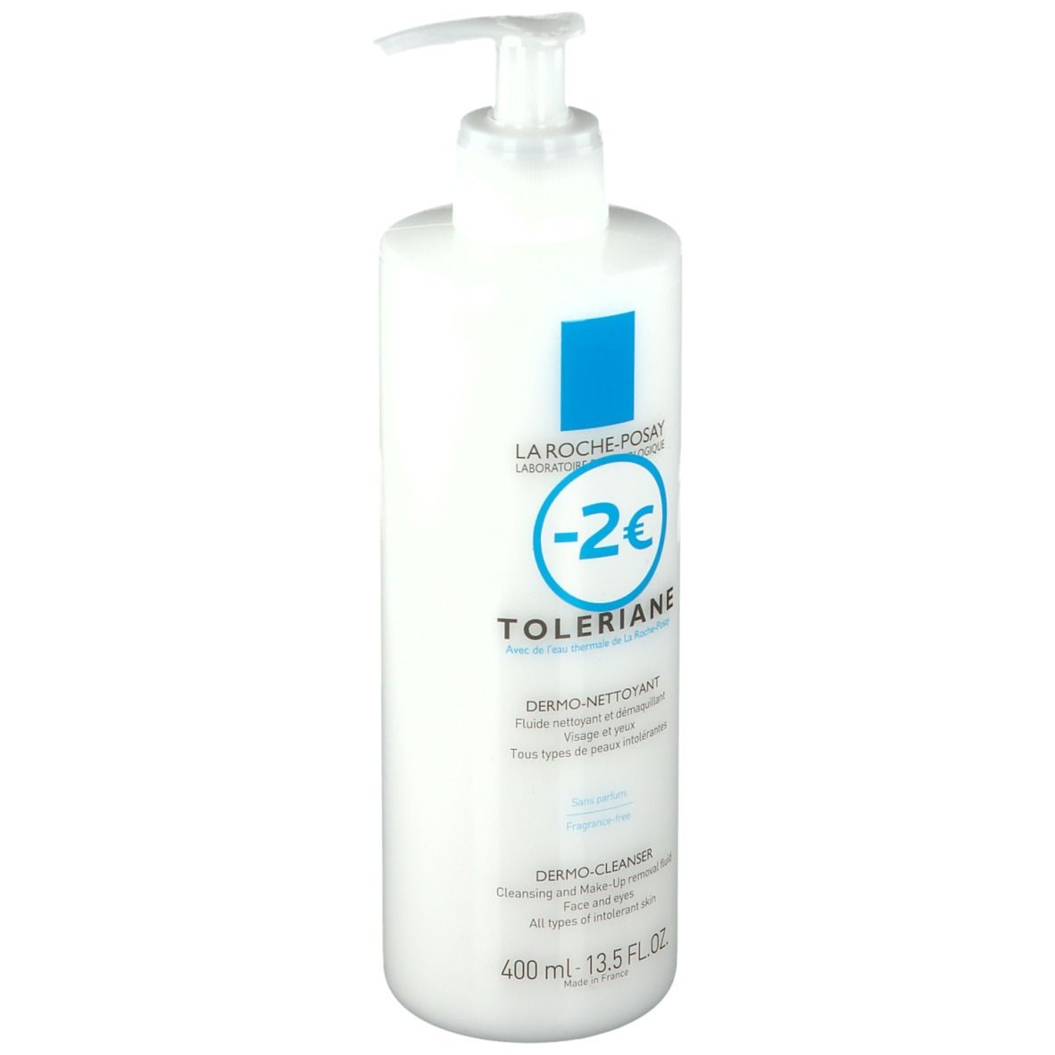Flacon blanc avec pompe. Texte: LA ROCHE-POSAY, TOLERIANE, Dermo-Nettoyant, Dermo-Cleanser. Volume: 400 ml.