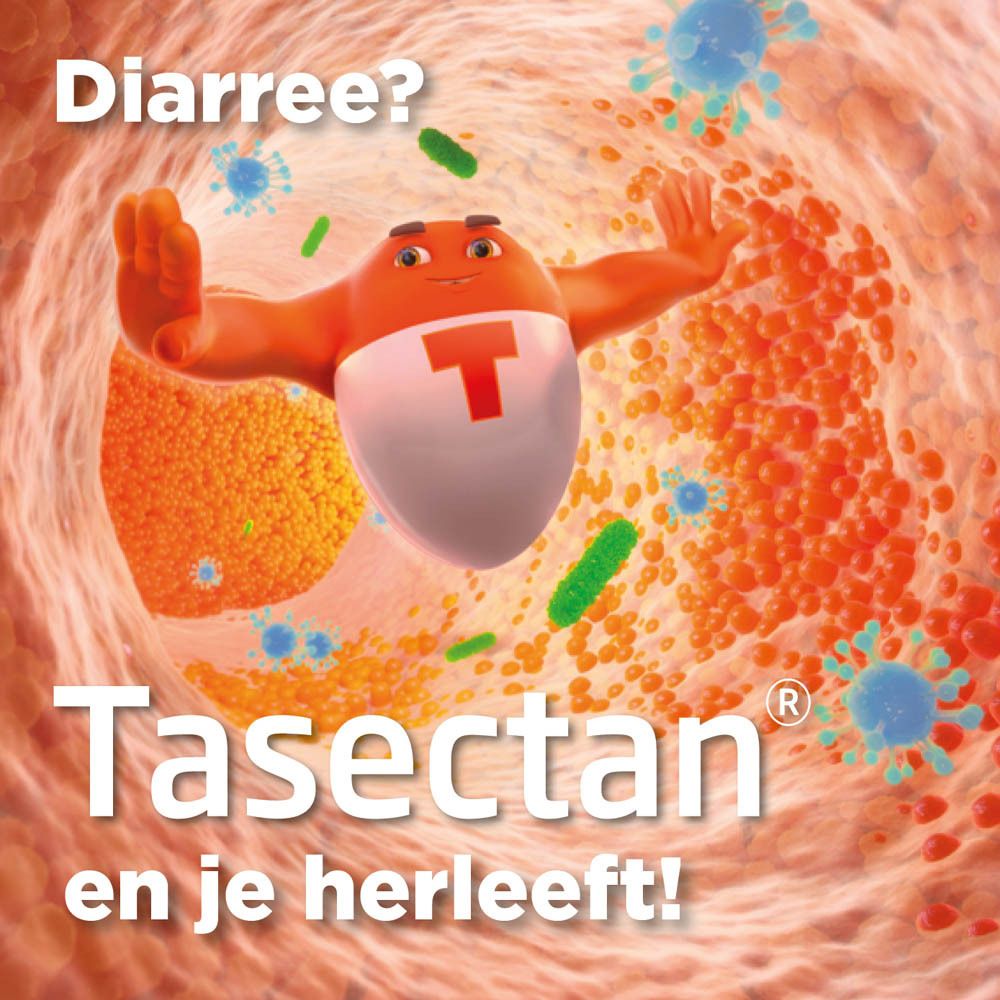 Doos met Tasectan-product. Blauwe en oranje verpakking. Tekst: Controle en vermindering van de symptomen van diarree.