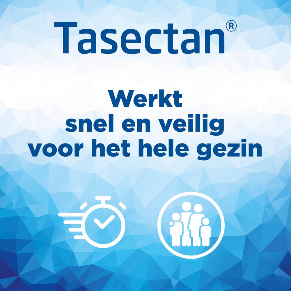 Doos met Tasectan-product. Blauwe en oranje verpakking. Tekst: Controle en vermindering van de symptomen van diarree.