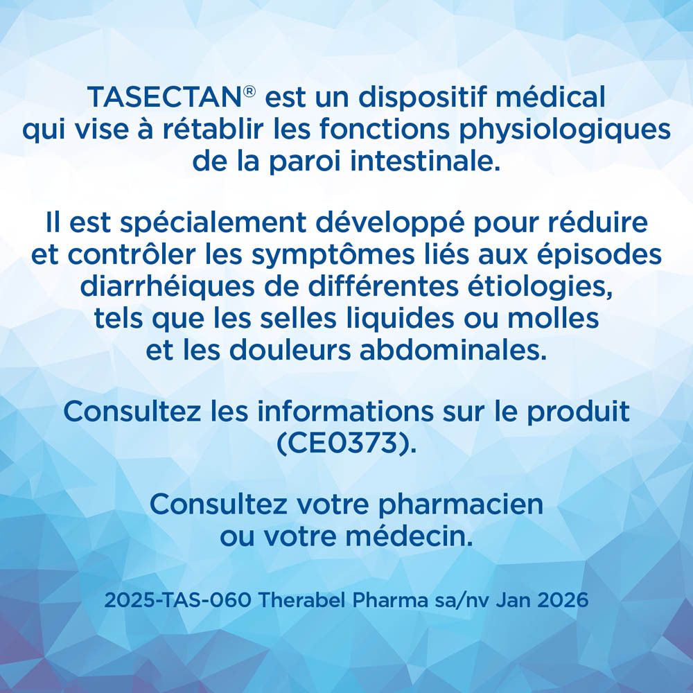 Boîte de produit Tasectan. Emballage bleu et orange. Texte : Contrôle et réduction des symptômes de la diarrhée.
