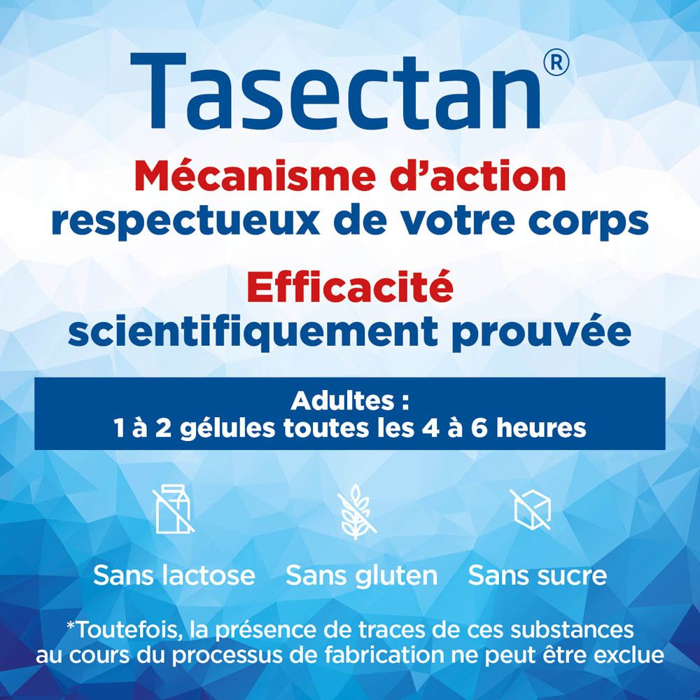 Boîte de produit Tasectan. Emballage bleu et orange. Texte : Contrôle et réduction des symptômes de la diarrhée.