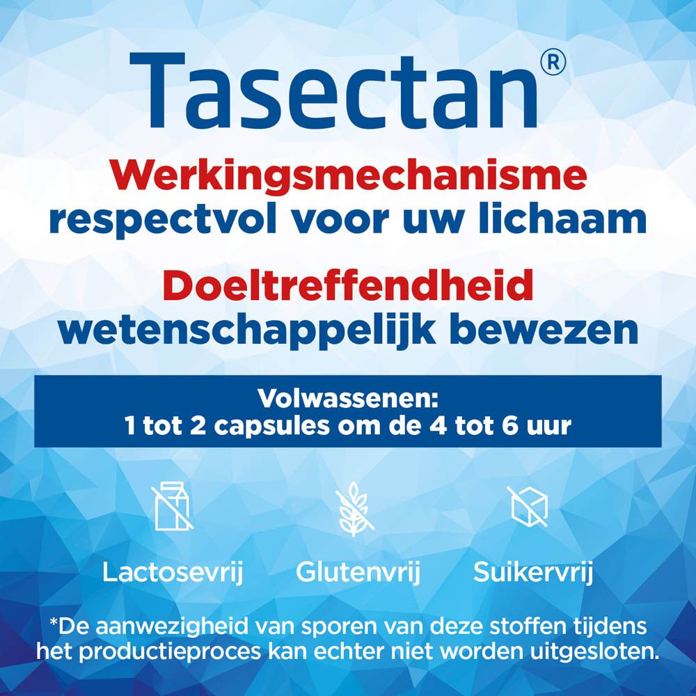 Doos met Tasectan-product. Blauwe en oranje verpakking. Tekst: Controle en vermindering van de symptomen van diarree.