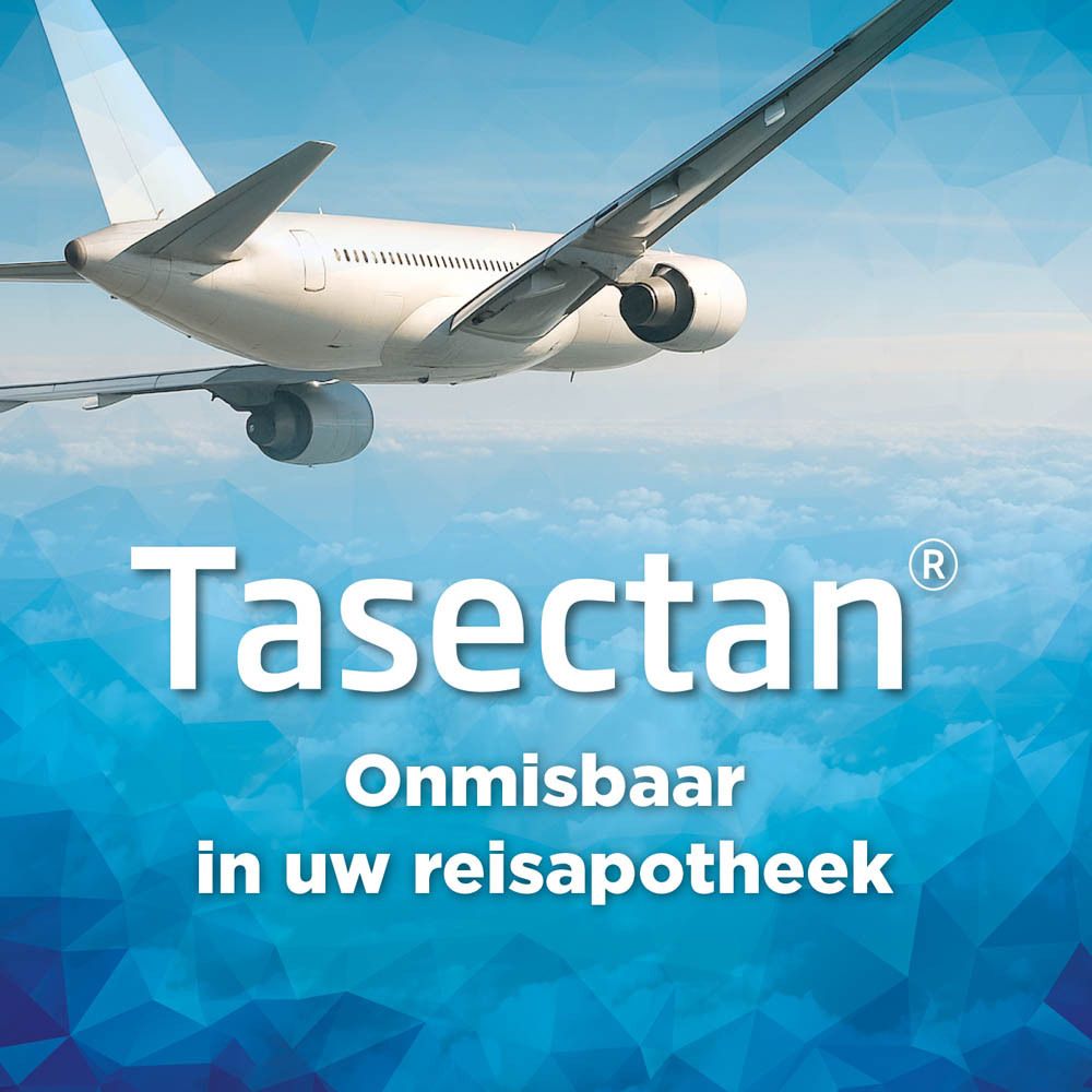 Doos met Tasectan-product. Blauwe en oranje verpakking. Tekst: Controle en vermindering van de symptomen van diarree.