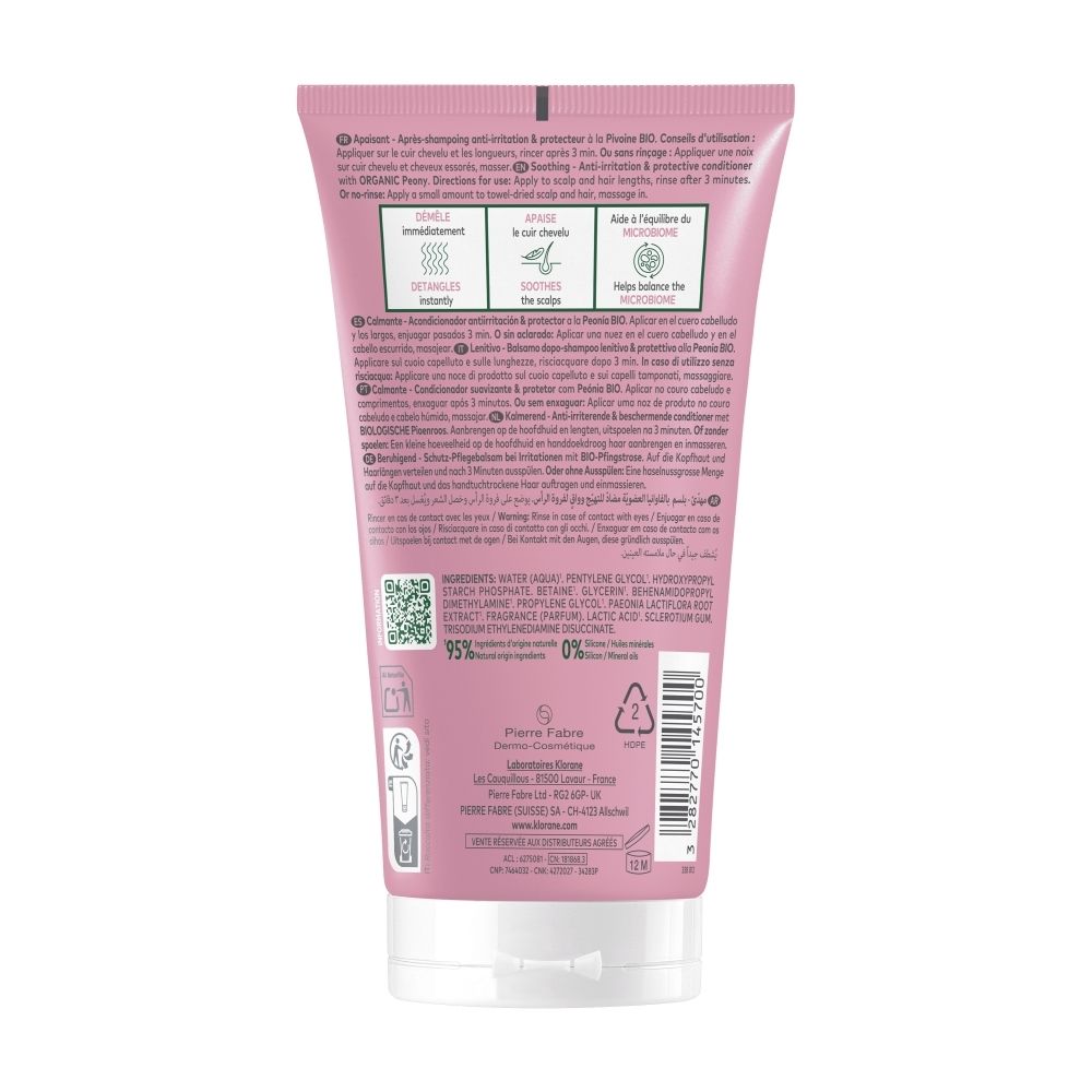 Arrière du tube KLORANE Soin après-shampoing à la pivoine avec instructions d'utilisation et liste des ingrédients.