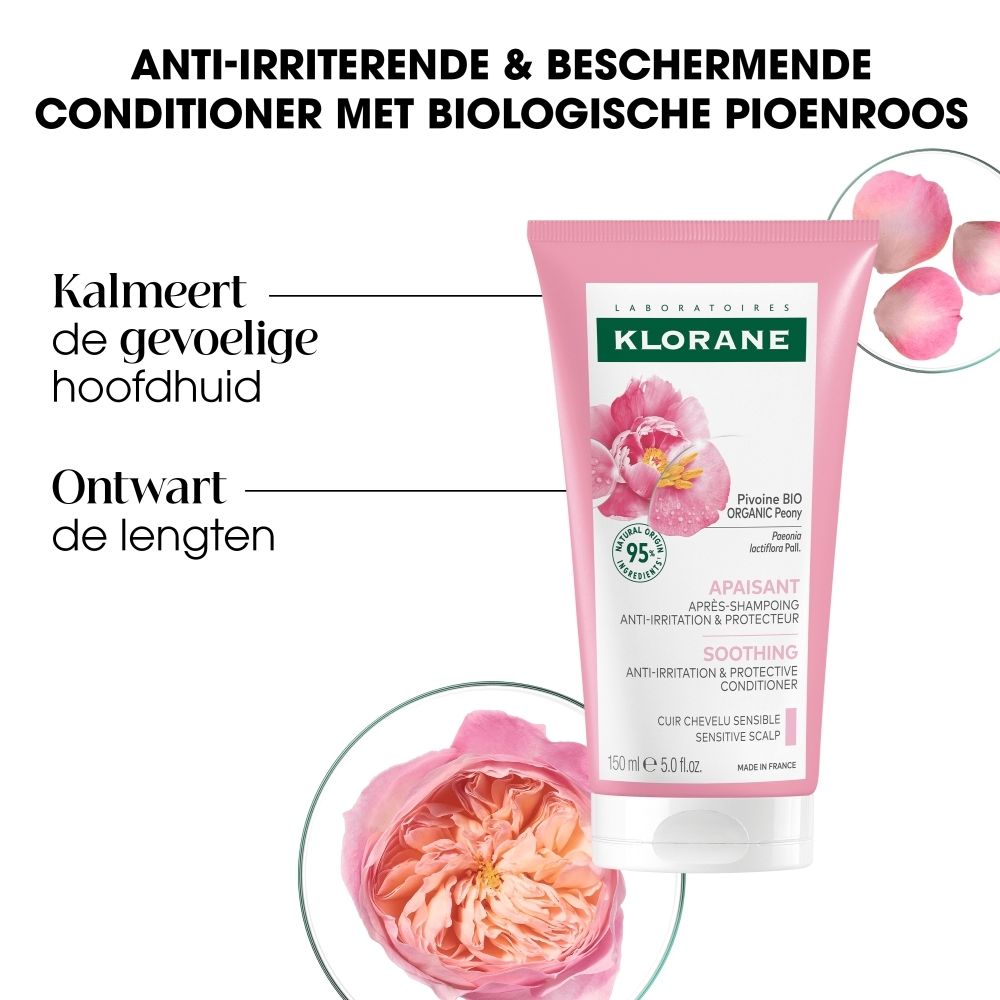 Achterkant van de KLORANE Verzorgende spoeling Pioenroos tube met gedetailleerde gebruiksinstructies en ingrediëntenlijst.