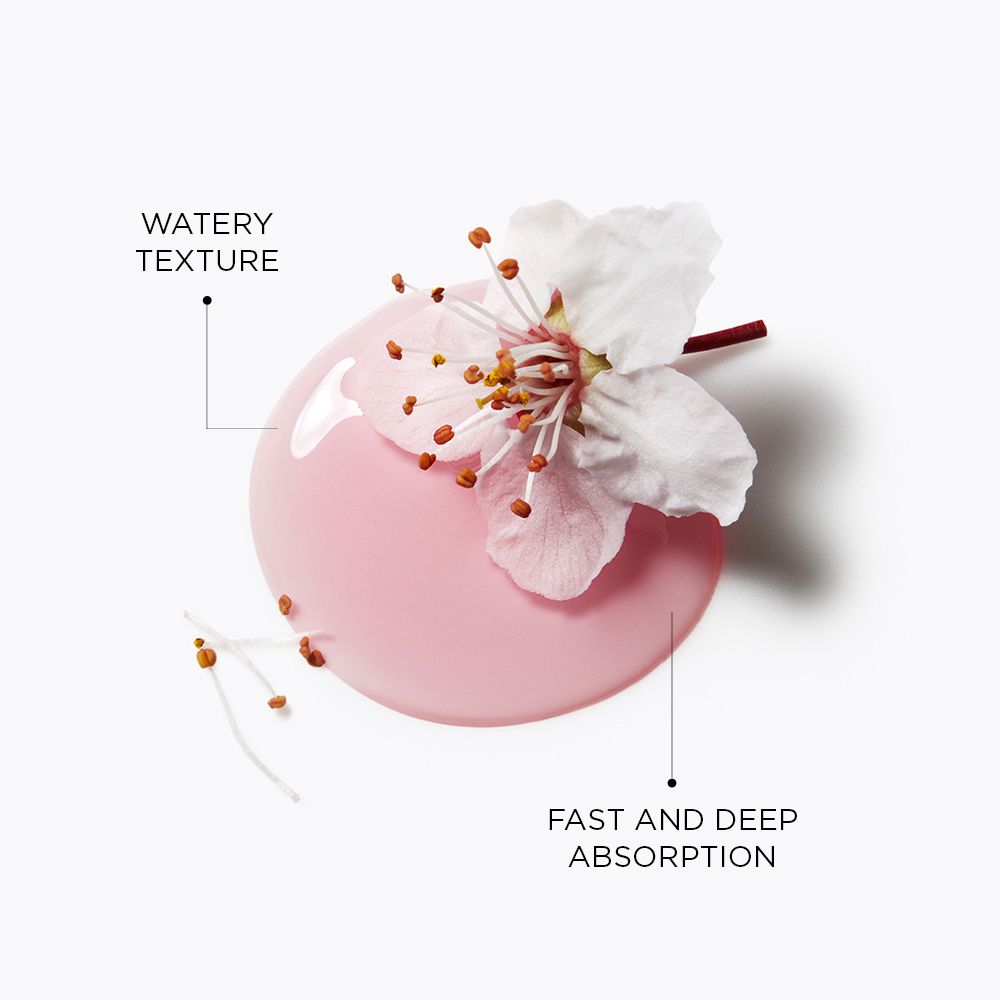 Liquide rose avec fleurs et texte : Watery Texture, Fast and Deep Absorption.