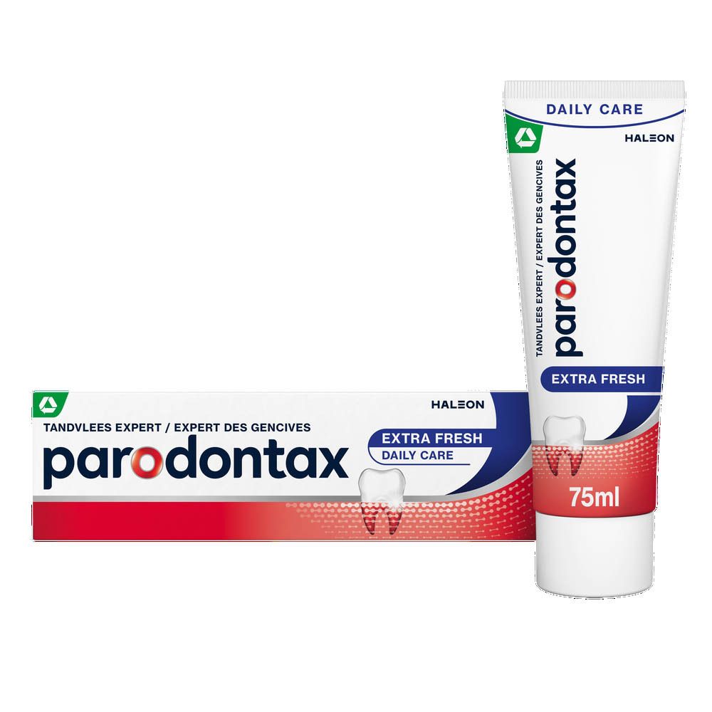 Tandpasta doos. Parodontax Extra Fresh. Helpt tegen bloedend tandvlees. 75ml.